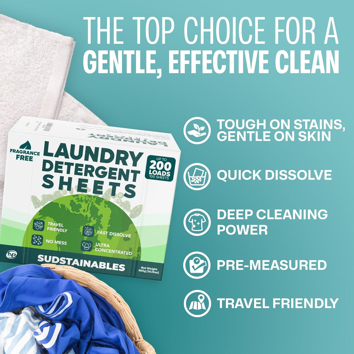 Laundry Detergent Sheets, Fragrance Free, 200 Loads