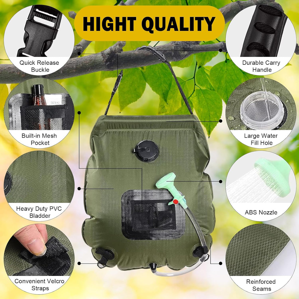 Solar Shower Bag | 5 Gal/20L Solar Heating Camping Shower Bag | Removable Hose | On-Off Switchable Shower Head |
