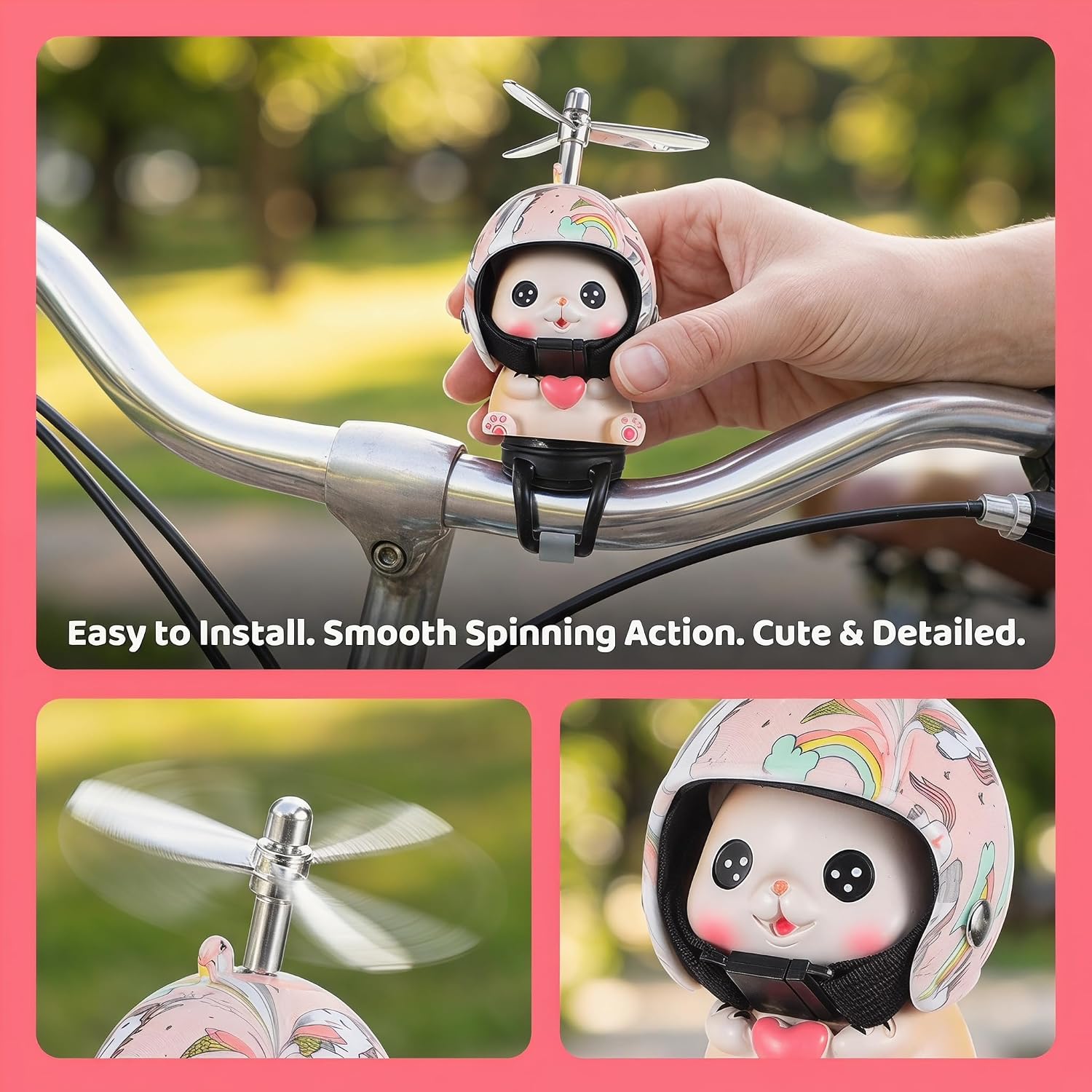 Cat Bike Bell Accessories, Resin Handlebars with Propeller Helmet, Mount Cat Figurine for Girls Boy, Bicycle