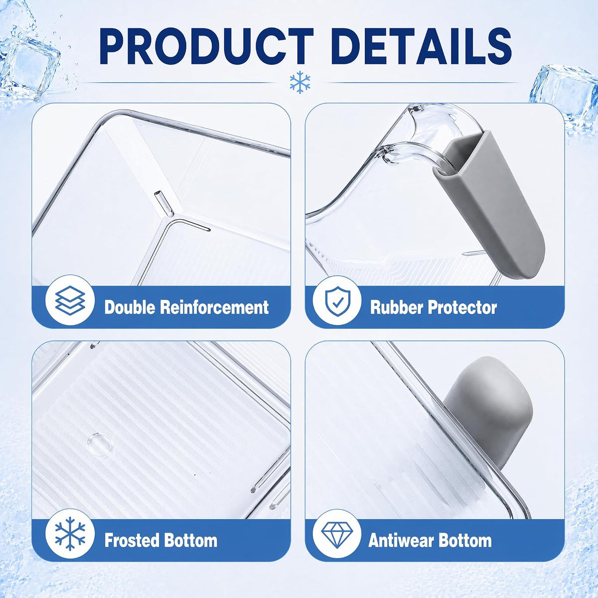 4 Pack Clear Ice Bins for Freezer, Plastic Ice Bucket with Flexible Scoop & Ice Tong, Pull Out Handle Ice Container