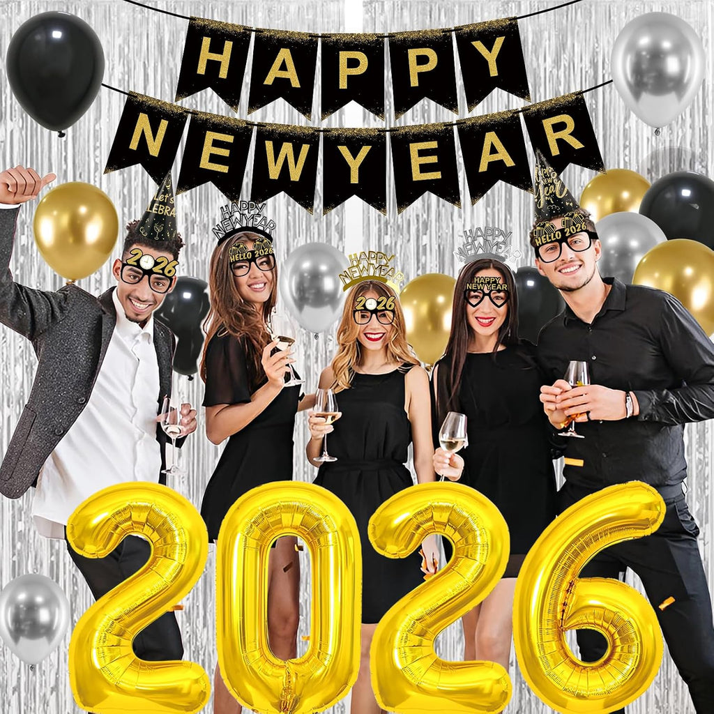 New Years Eve Party Supplies 2026 New Years Decorations Happy New Year Banner 2026 Balloons Hats Glasses Tiaras