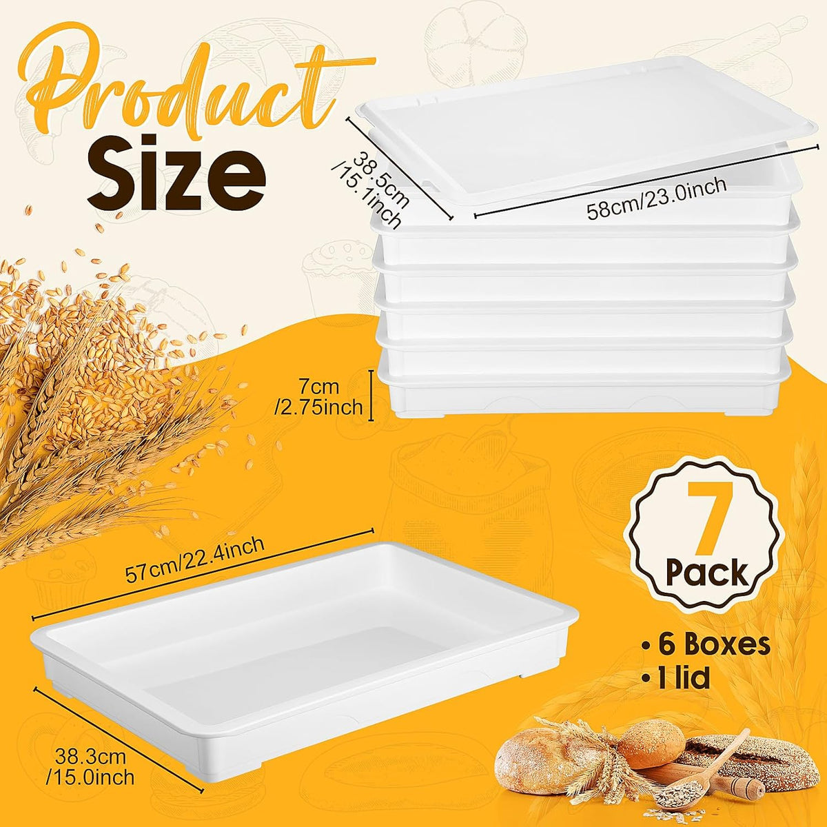 6 Pack White Pizza Dough Proofing Box Tray with Lid 22.44" x 15" x 2.8" Stackable Dough Proofing Containers for Pizza