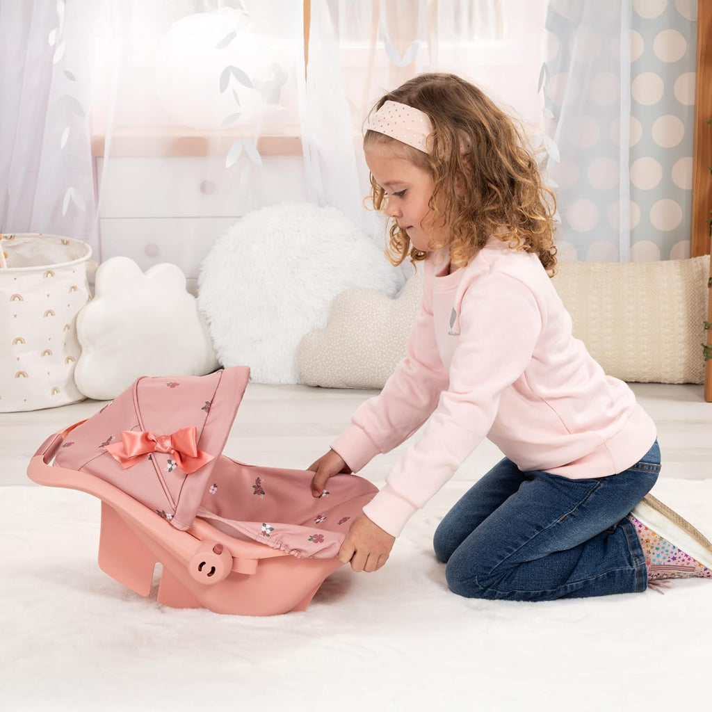 Design: Doll Deluxe Car Seat - Coral Pink Floral - Portable Travel Carrier for Dolls Up to 18", Sunshade & Carry