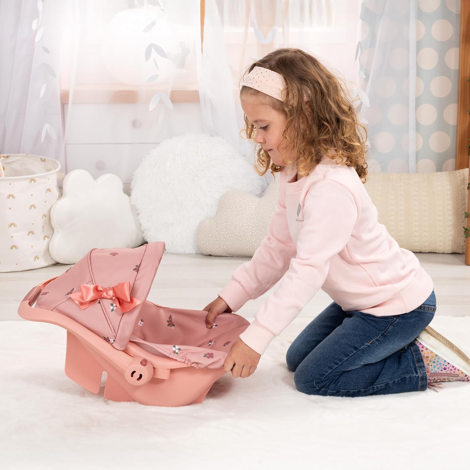 Design: Doll Deluxe Car Seat - Coral Pink Floral - Portable Travel Carrier for Dolls Up to 18", Sunshade & Carry
