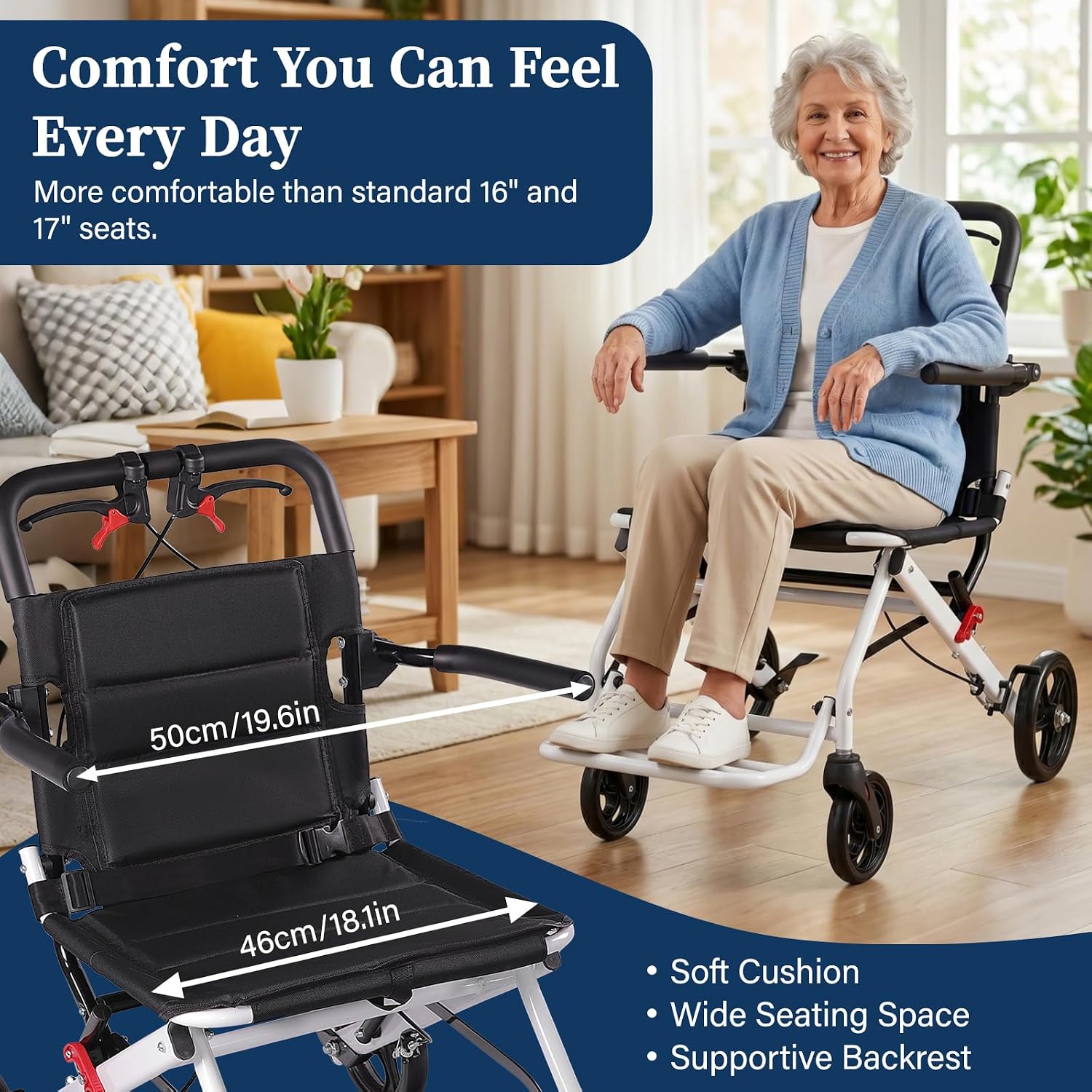 Lightweight Transport Wheelchair for Adults & Seniors, 19 lbs Foldable Travel Wheelchair with 18.1" Wide Seat