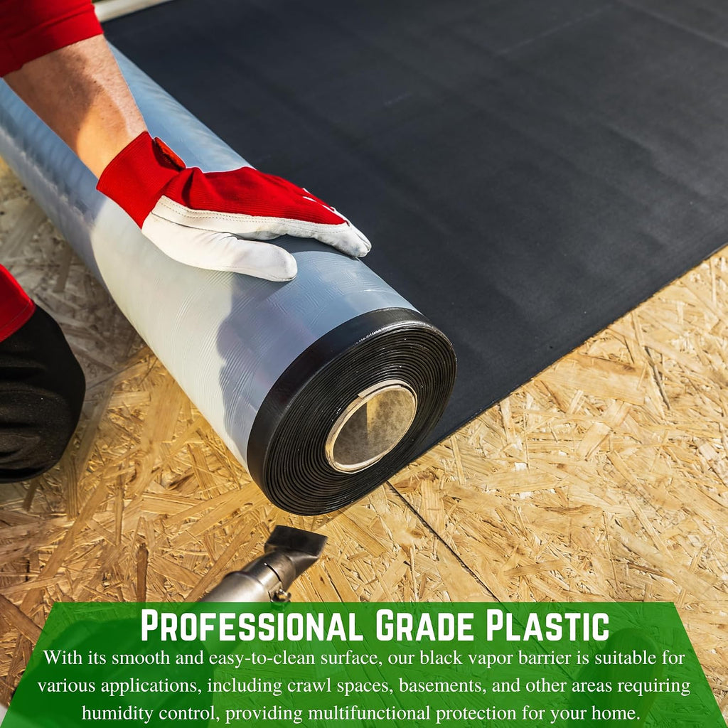 Crawl Space Vapor Barrier - 10 Mil - Black Vapor Barrier, Thick Plastic Sheeting, Heavy Duty Polyethylene Film, Drop
