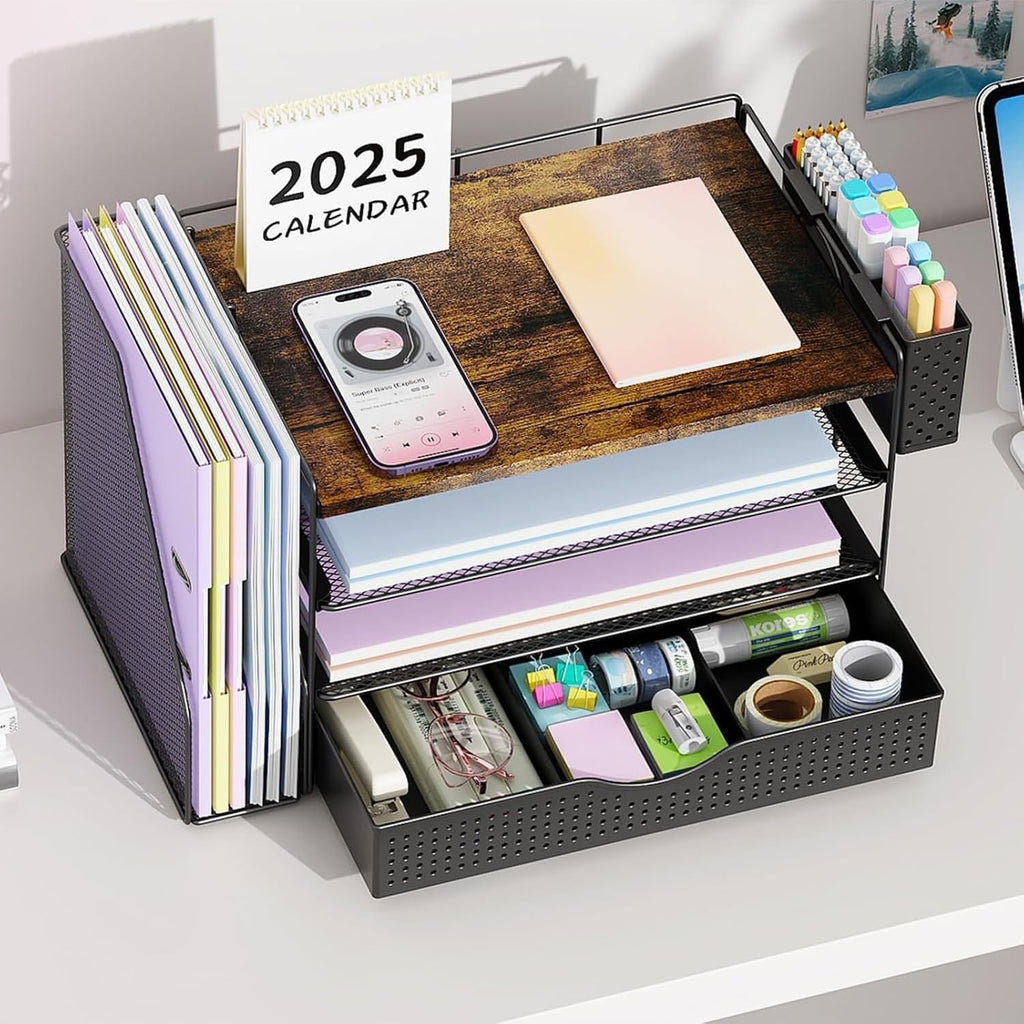 Wood Desk Organizers and Accessories with File Sorters, 4-Tier Desk Accessories & Workspace Organizers with Drawer