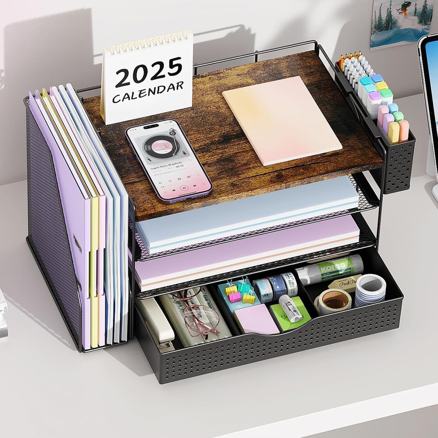 Wood Desk Organizers and Accessories with File Sorters, 4-Tier Desk Accessories & Workspace Organizers with Drawer
