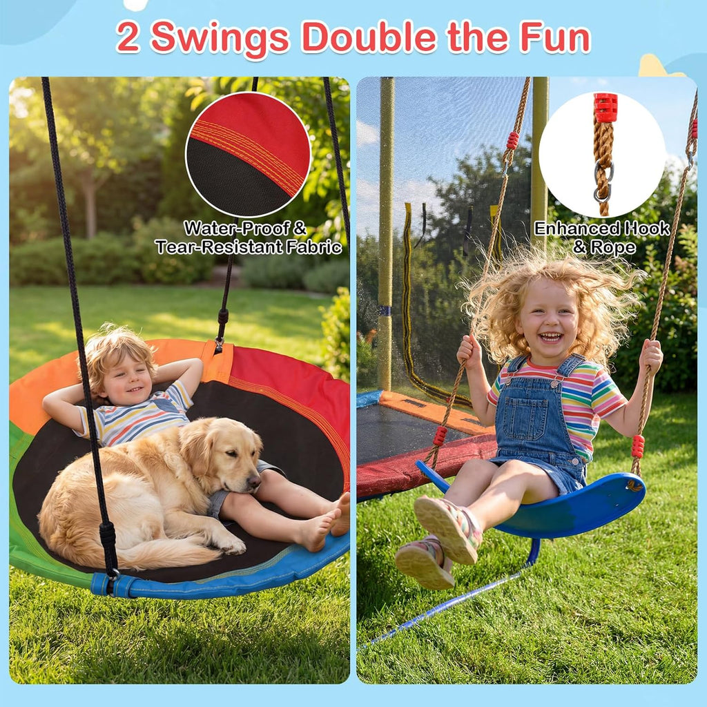 Swing Sets for Backyard, 6 in 1 Outdoor 440LBS Heavy Duty A-Frame Metal Stand with Trampoline, Slide, Saucer Swing