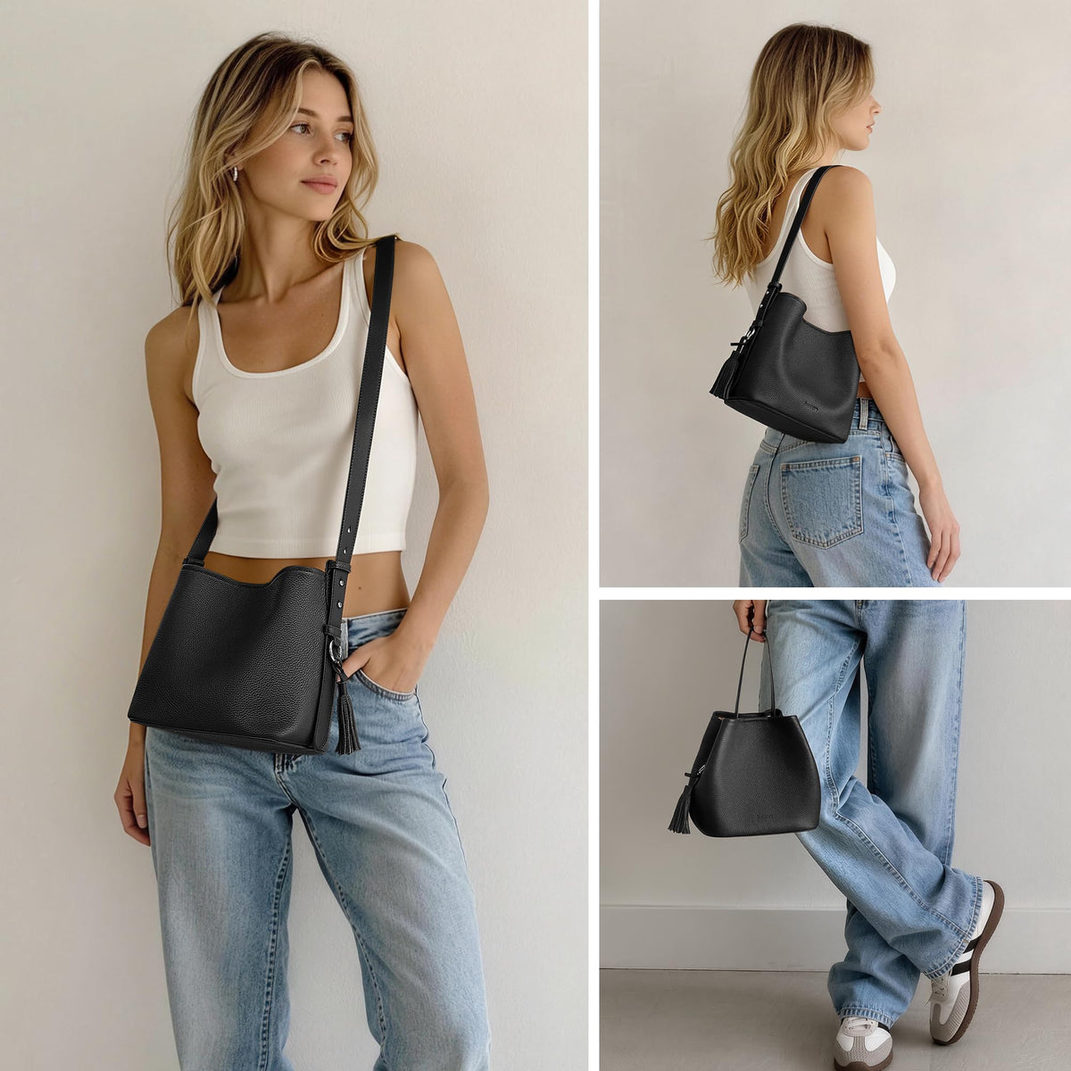 Genuine Leather Small Bucket Bag with Crossbody Strap Black Purses