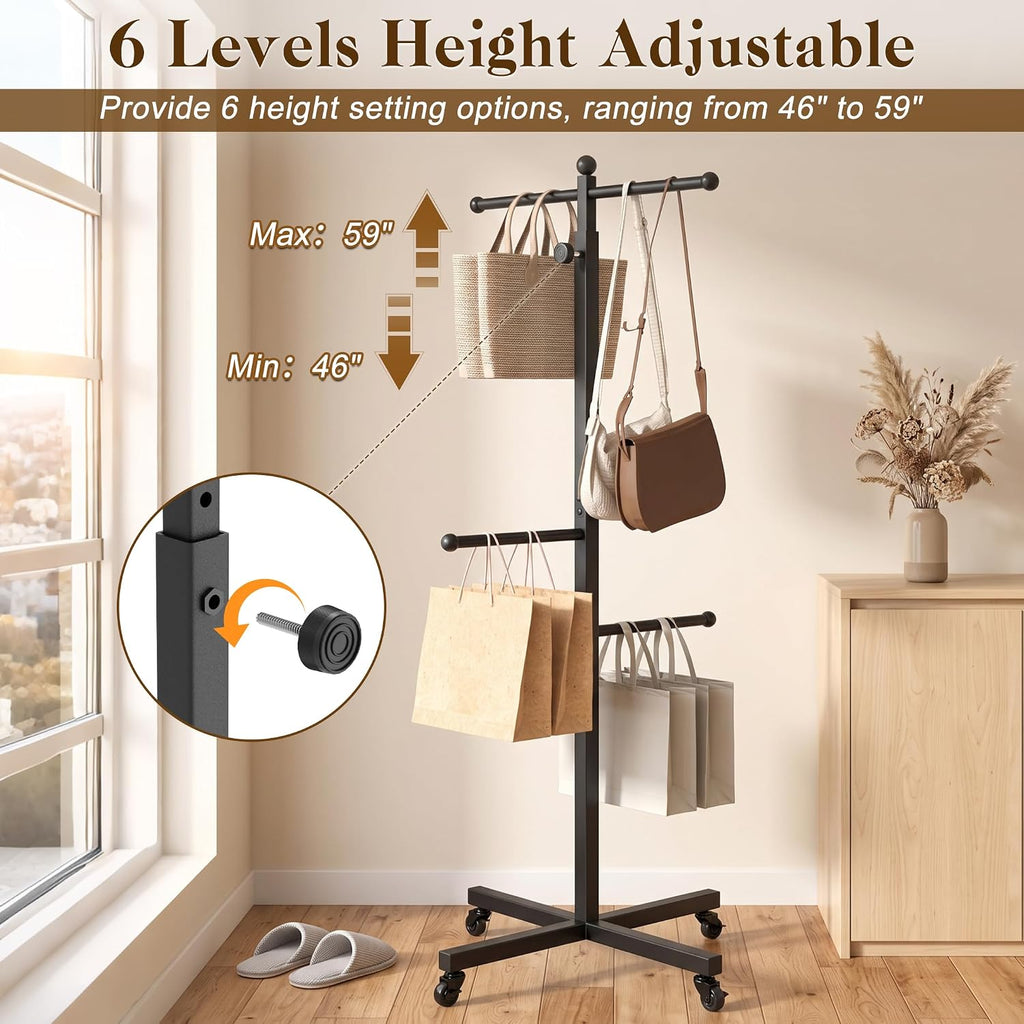 Bag Rack Stand with Wheels, 46-59" Adjustable Shopping Bag Rack, Black