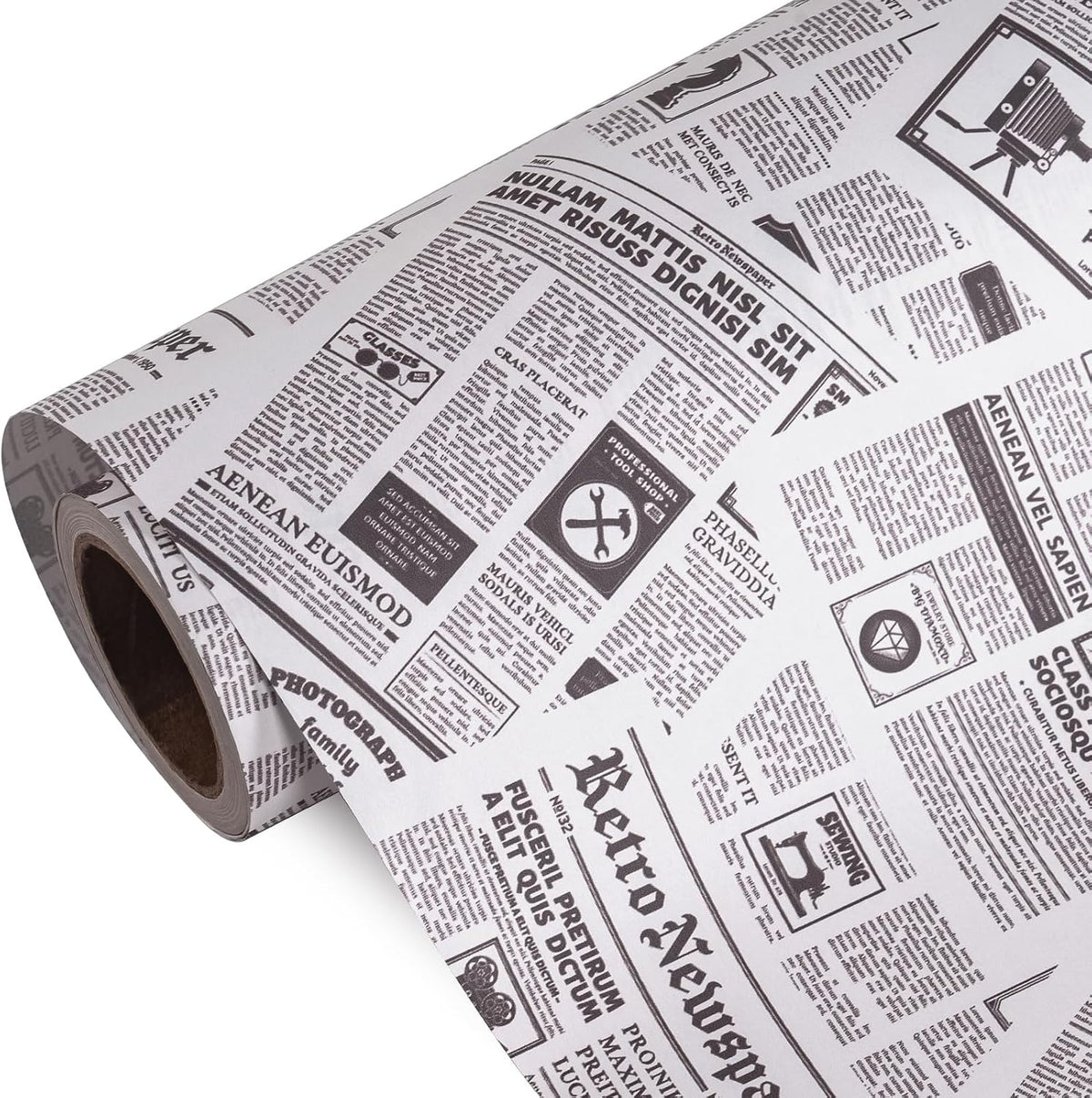Kraft Retro Newspaper Wrapping Paper Roll - Mini Roll - 17 Inch x 16.5 Feet - Vintage Black and White Newspaper