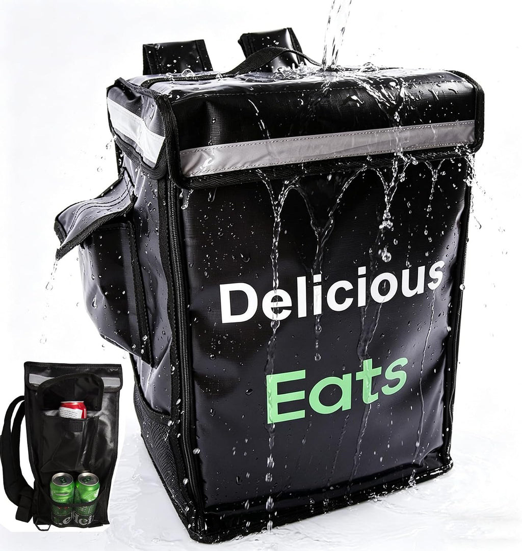 Insulated Food Delivery Backpack with 3 Inner Spaces & 4 Pockets & Reflective Strip, Large Capacity, Leakproof, 4 Cup