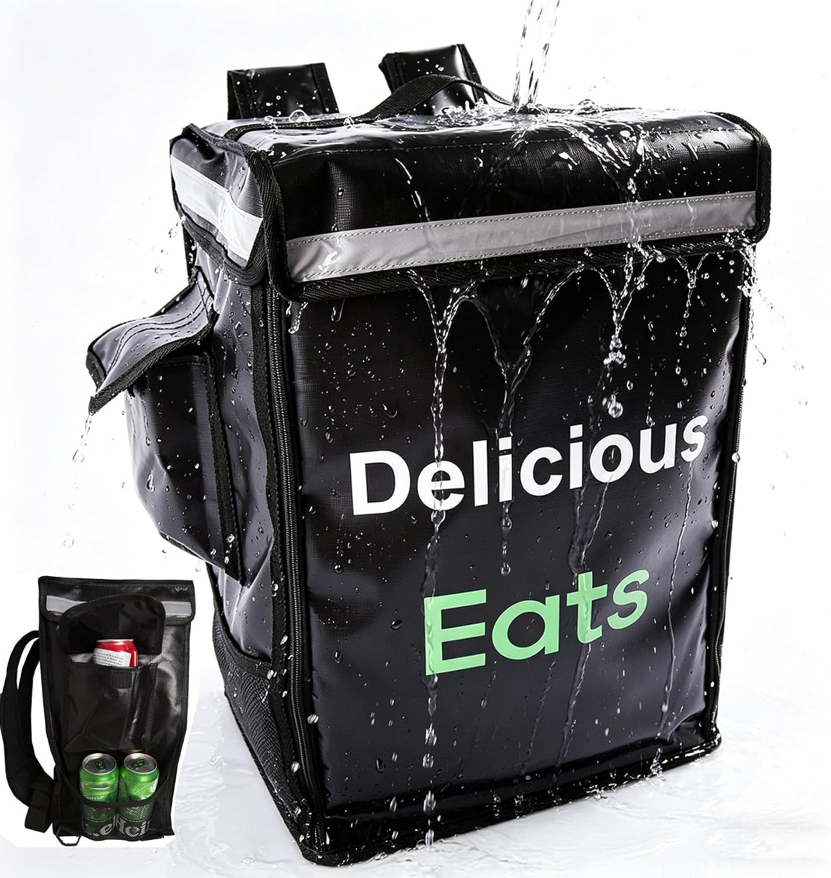 Insulated Food Delivery Backpack with 3 Inner Spaces & 4 Pockets & Reflective Strip, Large Capacity, Leakproof, 4 Cup