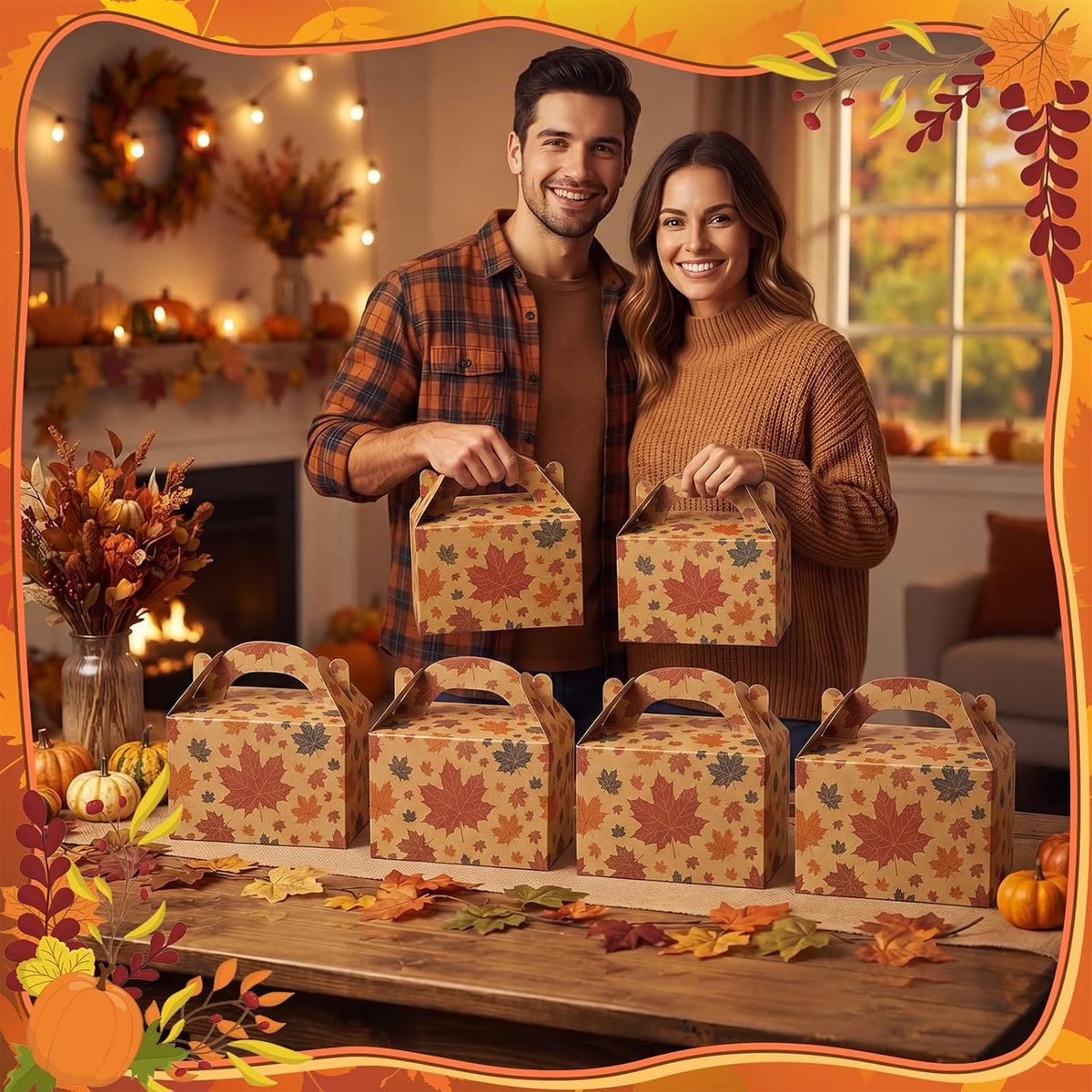 48 Pcs Fall Maple Leaves Gift Boxes with Handle 5.9 x 3.5 x 3.5 Inch