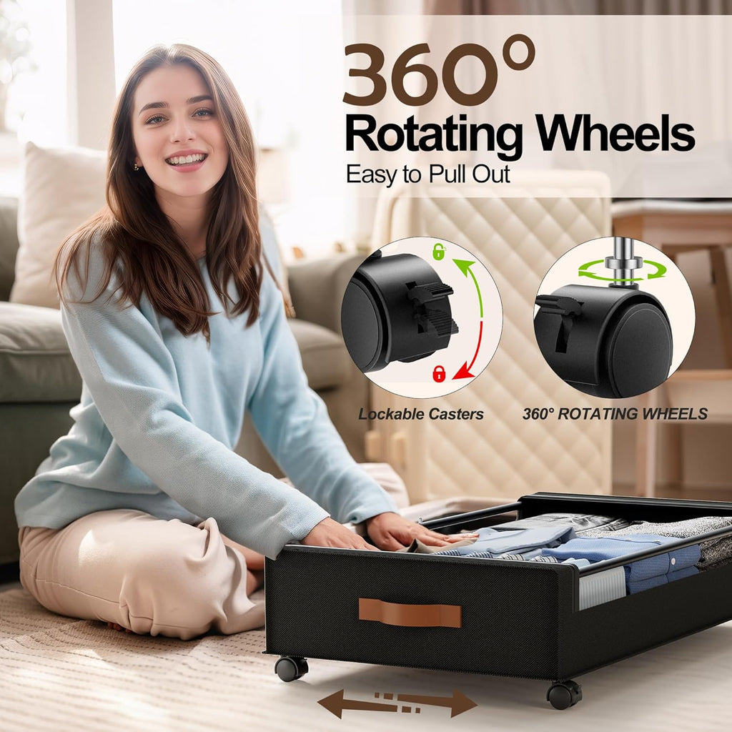 Under Bed Storage with Wheels, 2 Pack Under Bed Storage Containers with Clear Lid, XXL 60 L Underbed Storage Bins