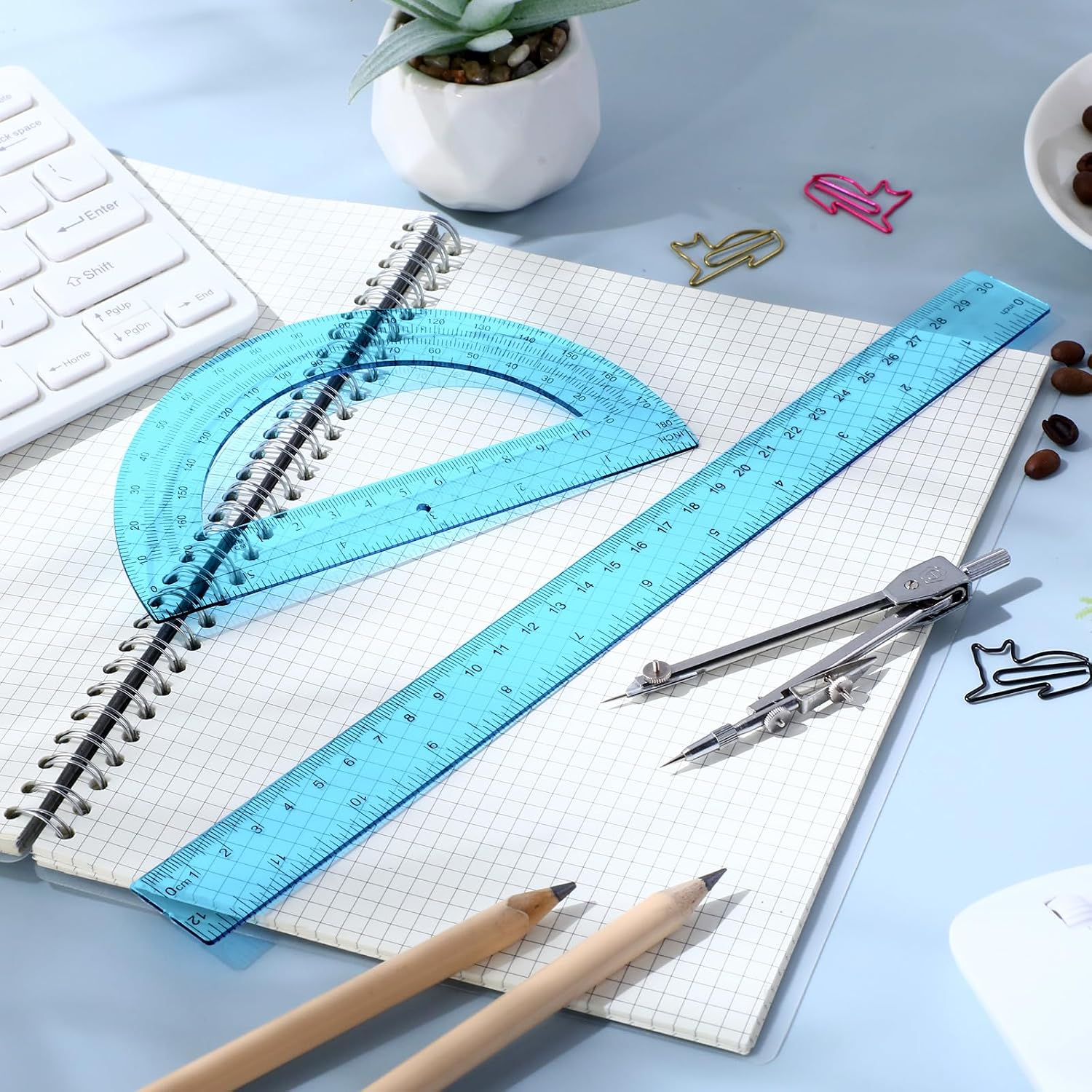 3 Pcs Plastic Ruler 6 Inch Protractor Drawing Compass Set, Student Geometry Math Transparent Measuring Tools for Home