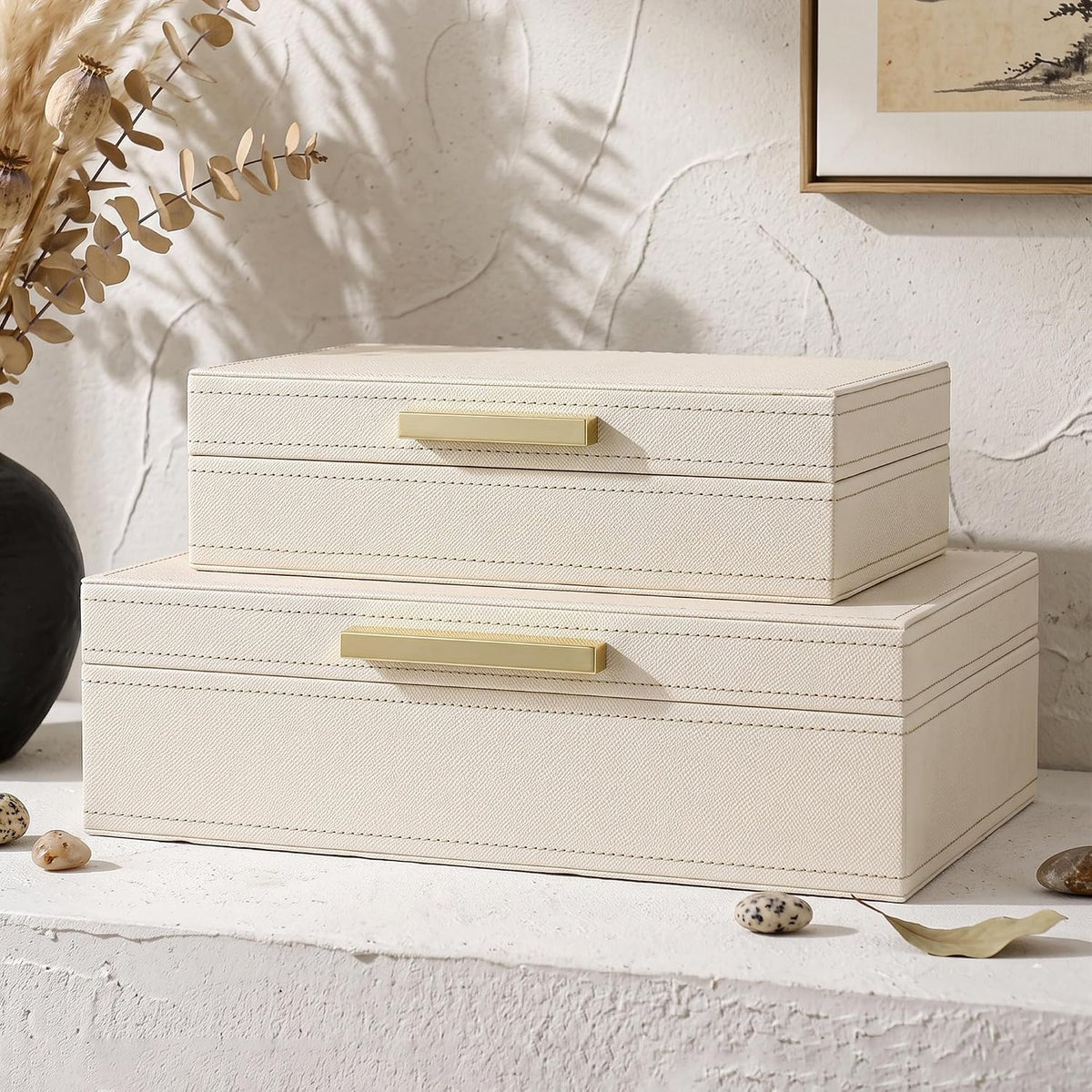 Decorative Storage Boxes with Lids, Set of 2 PU Leather Organizer Boxes