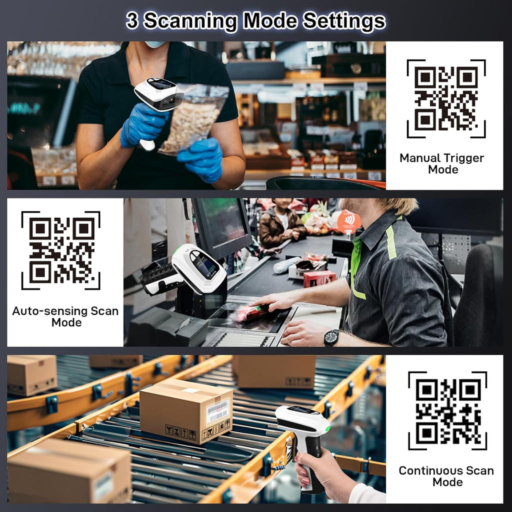 1D QR 2D Barcode Scanner, Bluetooth Wireless Bar Code Reader | Setting Keypad & LCD Screen Display & AI Voice