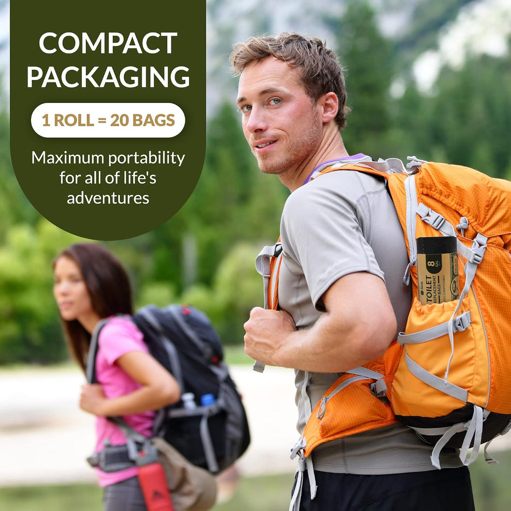 Portable Toilet Bags (20 Count) Camping Bathroom Bag | 8 Gallon | Compostable | Luggable Loo, Bucket Toilet | For