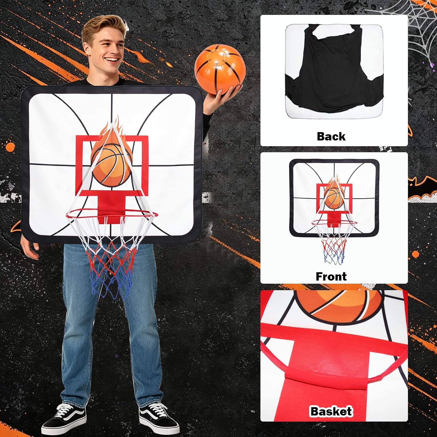 Adult Basketball Hoop Costume, Wearable Backboard Costume with Inflatable Basketball, Funny Sports Theme Halloween