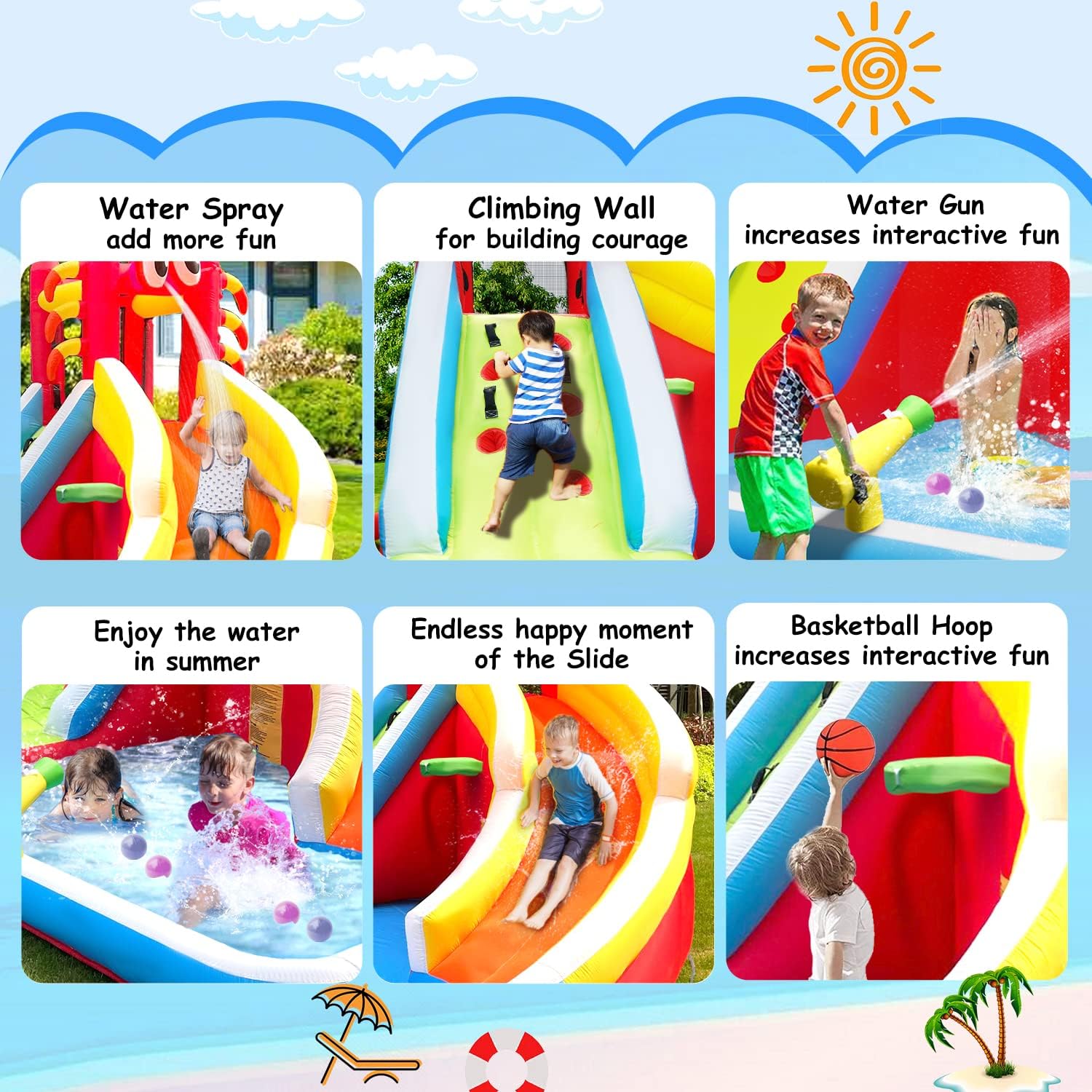 Inflatable Water Slide,Big Bounce House for Kids with Splash Pool,Climbing Wall,Basketball Hoop,Water Gun for