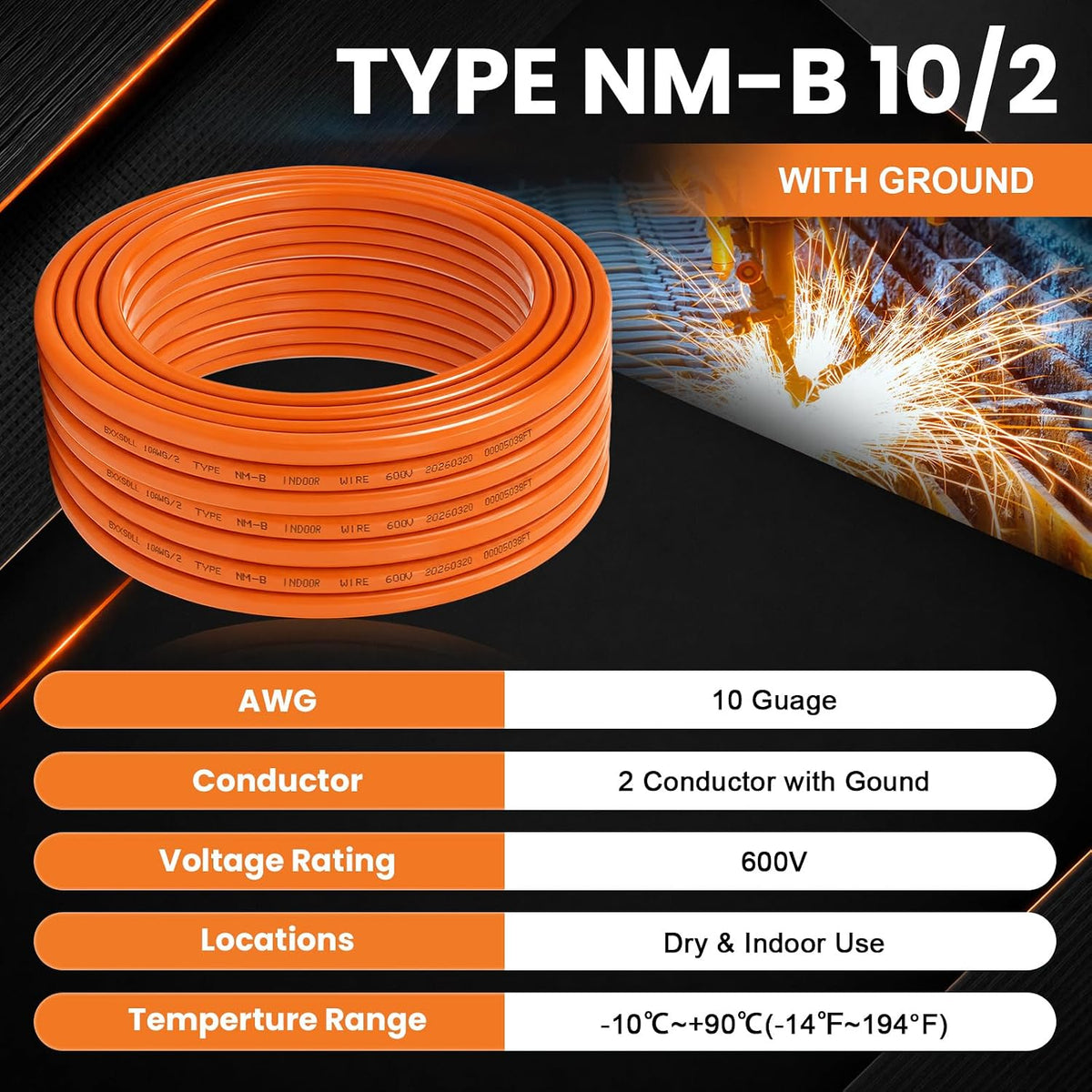 10FT 10/2 NM-B Wire with Ground 10/2 Electrical Wire 10/2 W/G Cable NMB