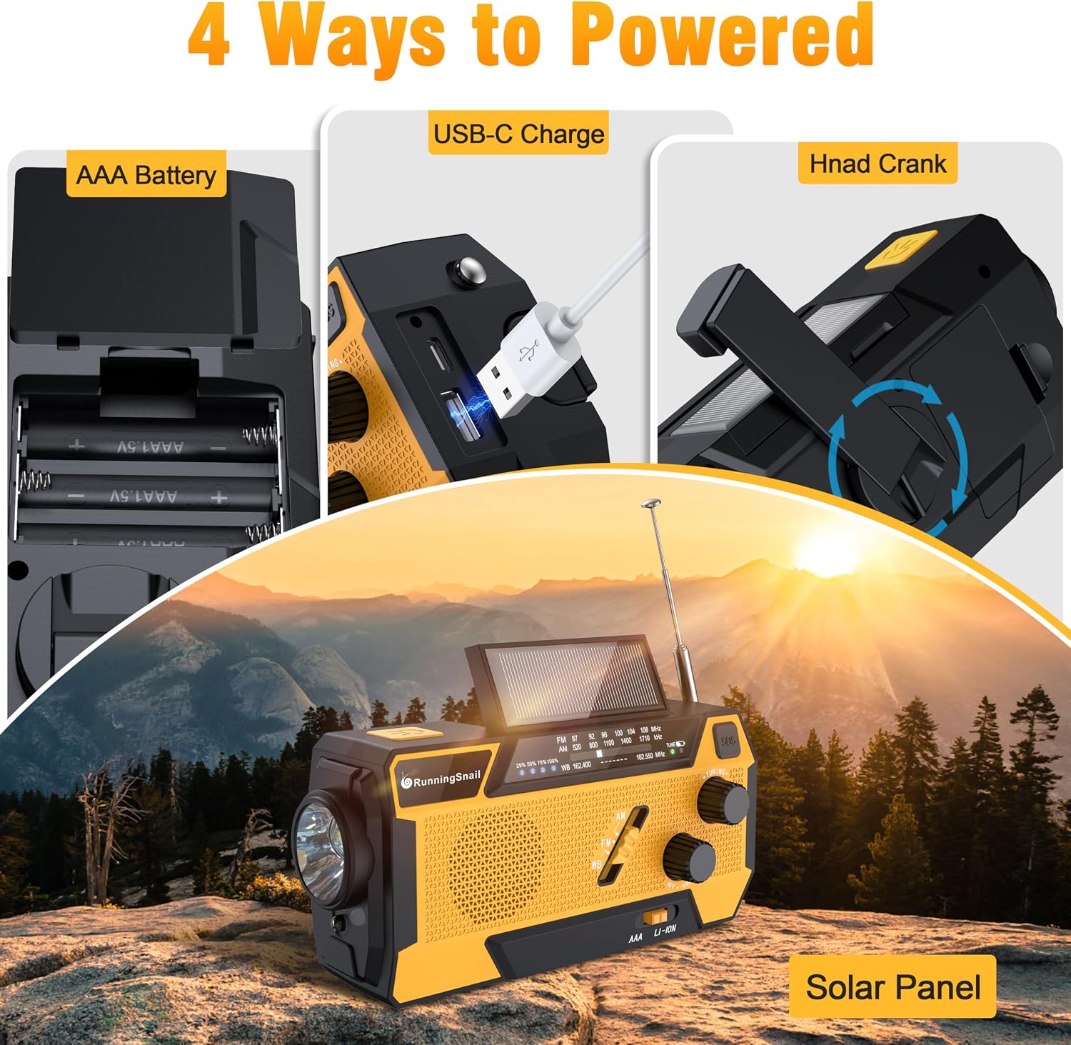 Hand Crank Emergency Radio with 3 Built-in Cable for Hurricane | AM/FM/NOAA Weather Radio with 7400mWh Battery, Hand