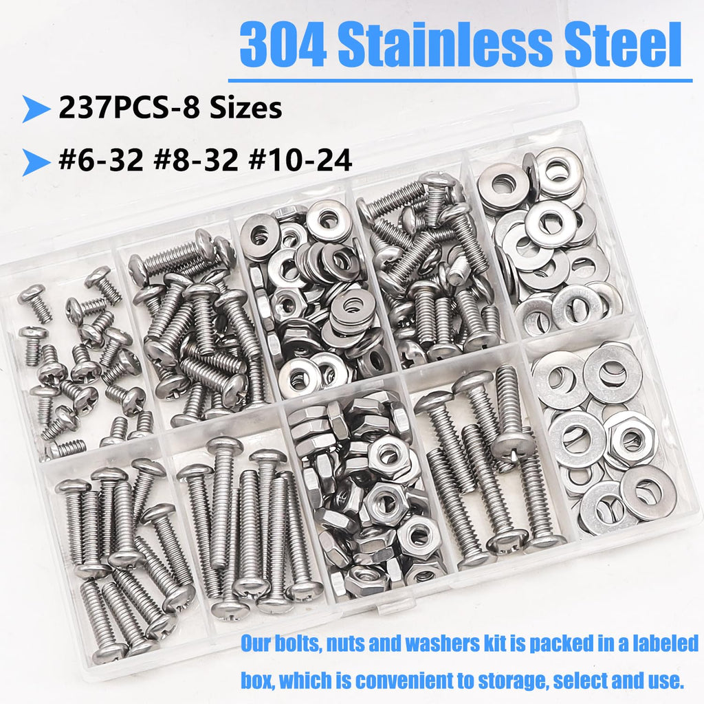 Nuts and Bolts Assortment Kit, 304 Stainless Steel Bolts 8 Sizes #6-32#8-32#10-24 Phillips Pan Head Machine Screws