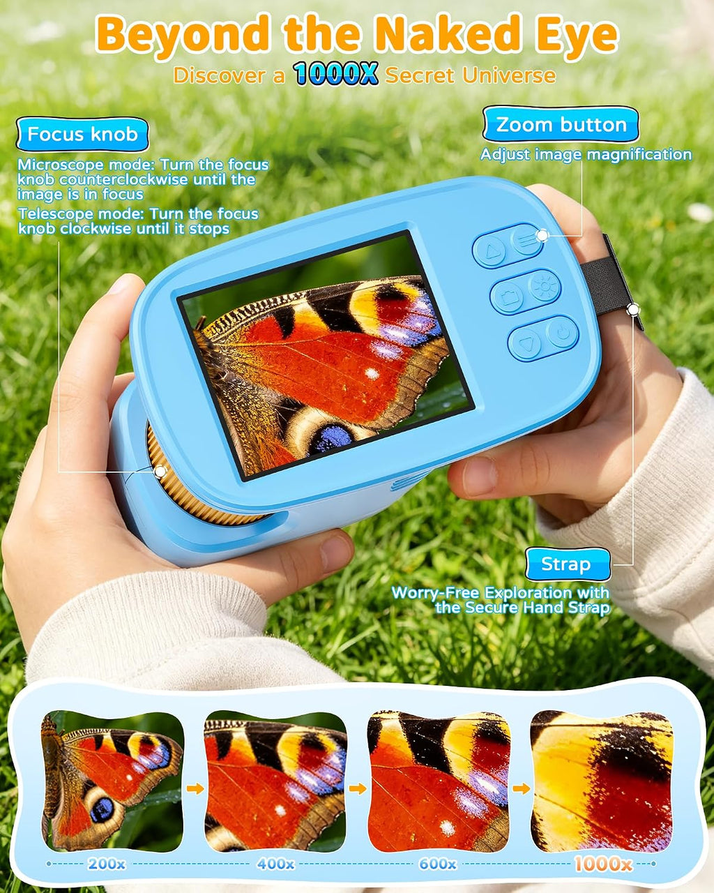 1000X Kids Handheld Microscope, 4K Digital Mini Pocket Digital Microscope with 2.4" IPS Screen, Built-in Camera & 12