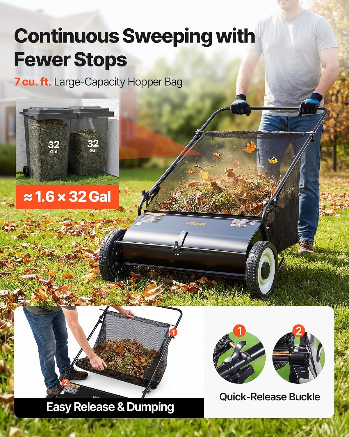 Push Lawn Sweeper 26 Inch Leaf & Grass Collector Strong Rubber Wheels