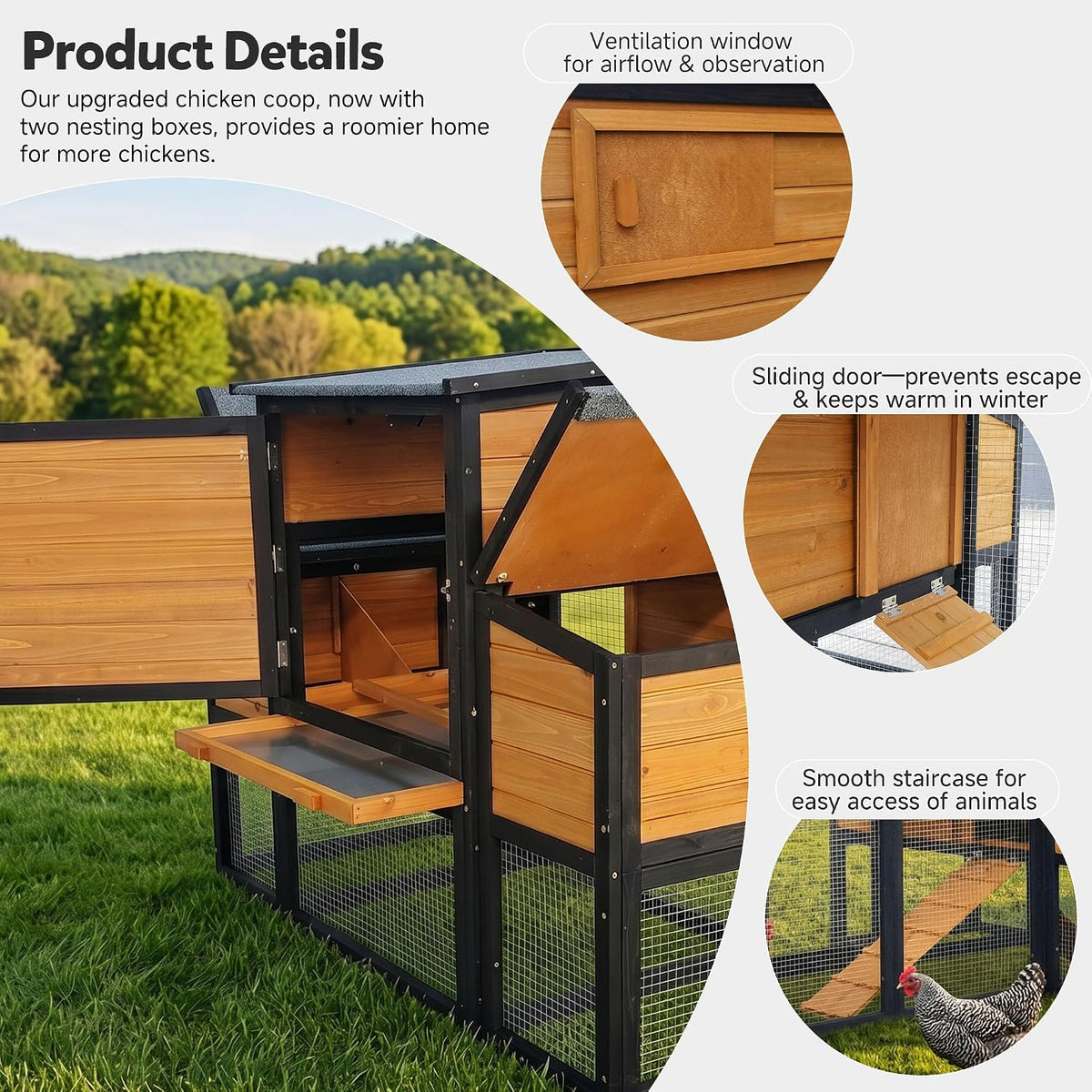 80" Large Wooden Chicken Coop with Run, Outdoor Hen House for 4-6 Chickens, Ventilation Window & Sliding Doors