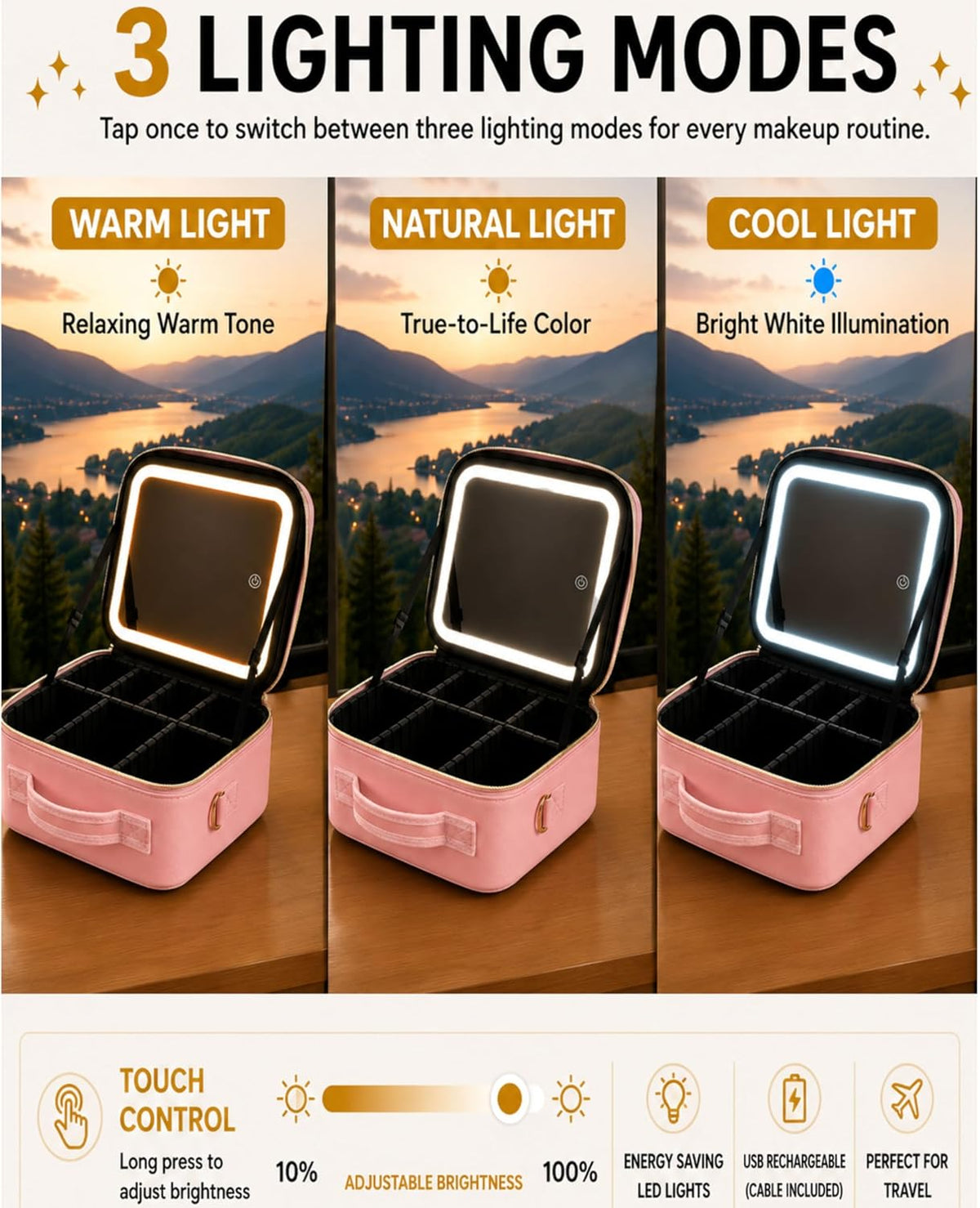 Makeup Train Case with LED Mirror, Travel Vanity Case, Rechargeable Lighted Mirror, Adjustable Dividers, Brush
