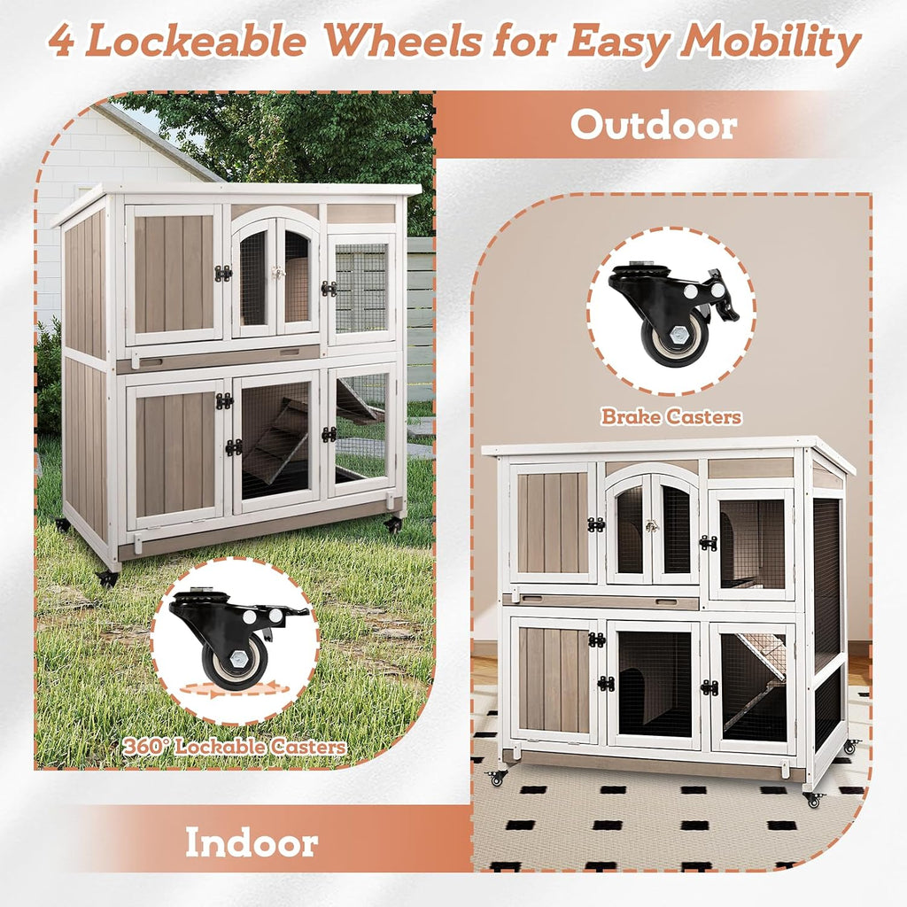 2 Story Large Rabbit Hutch Indoor with 2 Deeper Pull-Out Trays, Wooden Rabbit Cage with 4 Lockable Wheels, Ramp