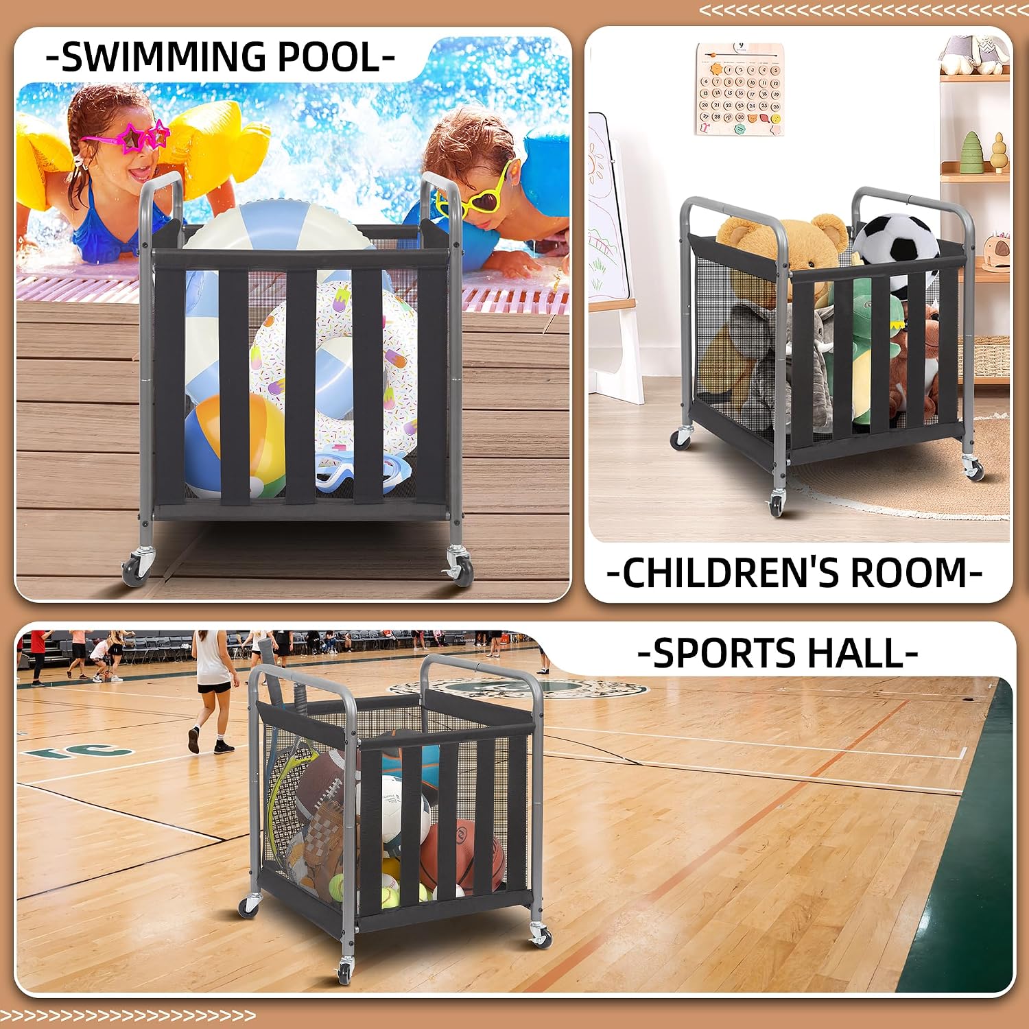 Ball Storage Bin Rolling Sports Ball Cart, Metal Garage Organizer Sport Rack Basketball Storage Cage for Garage or