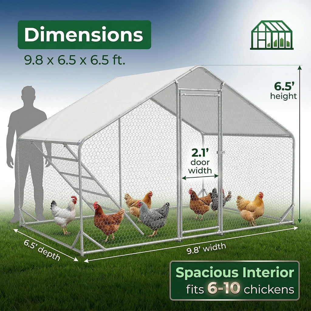 9.8 x 6.5 x 6.5 ft Metal Chicken Coop, Chicken Run with Cover