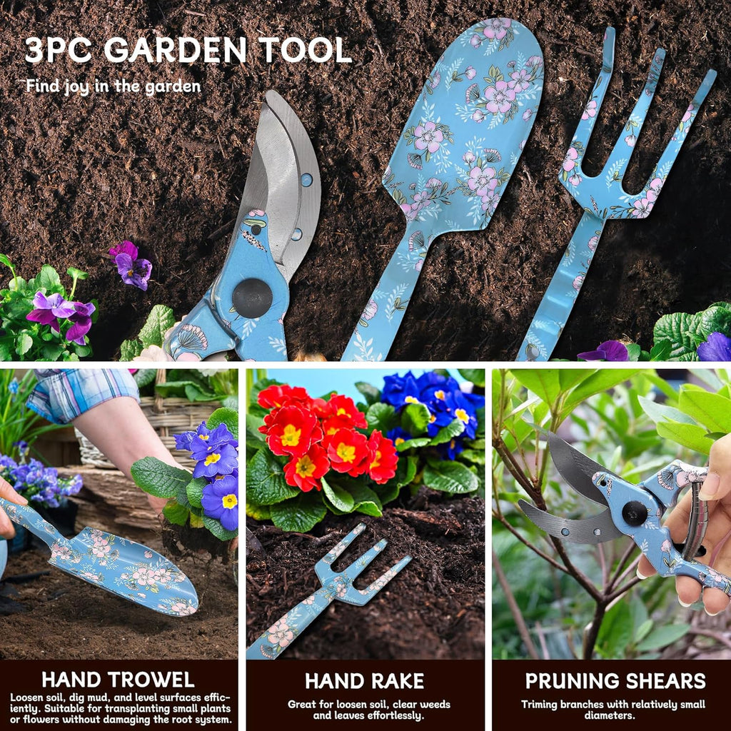 Garden Tool Set, 3 Piece Floral Gardening Tools for Women, Aluminum Gardening Hand Tools with Trowel, Hand Rake &