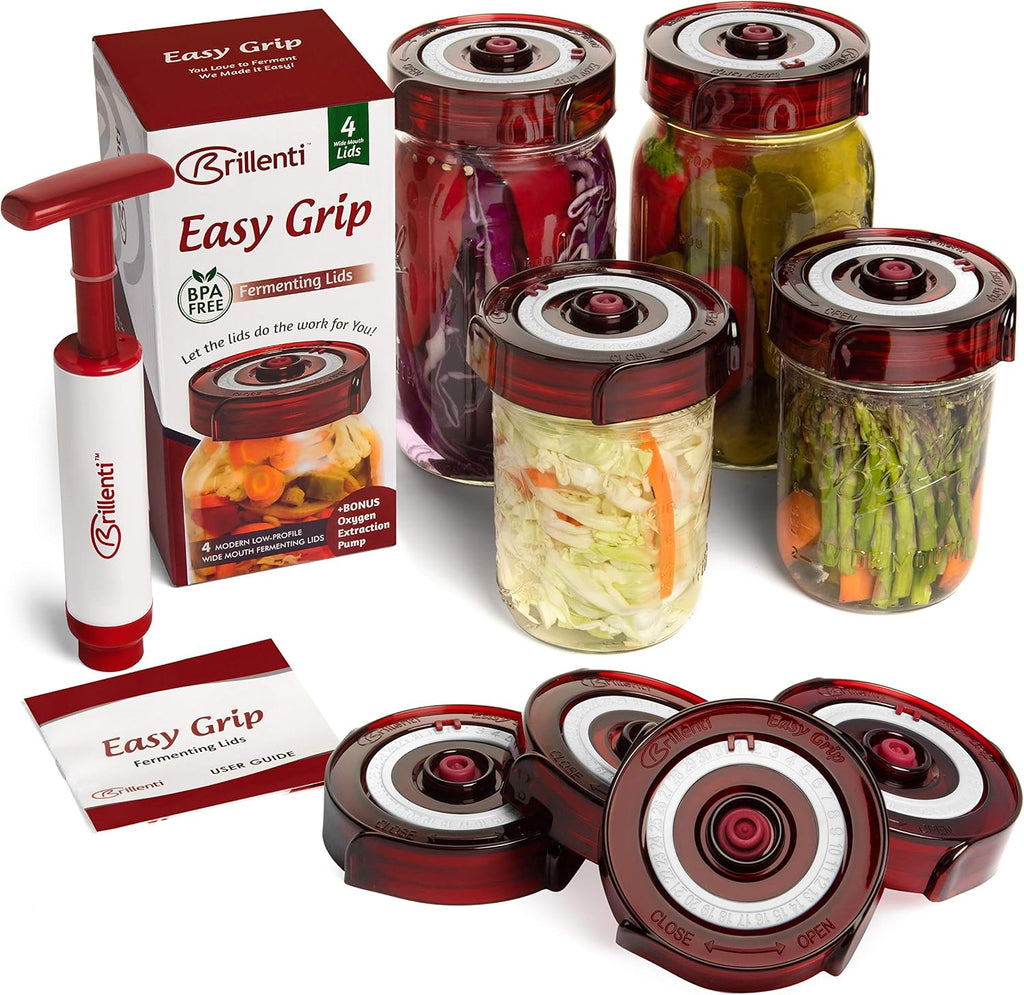 Fermenting Lids for wide mouth mason jars. 4 waterless airlock fermentation lids kit. Easy Grip fermenter lid with