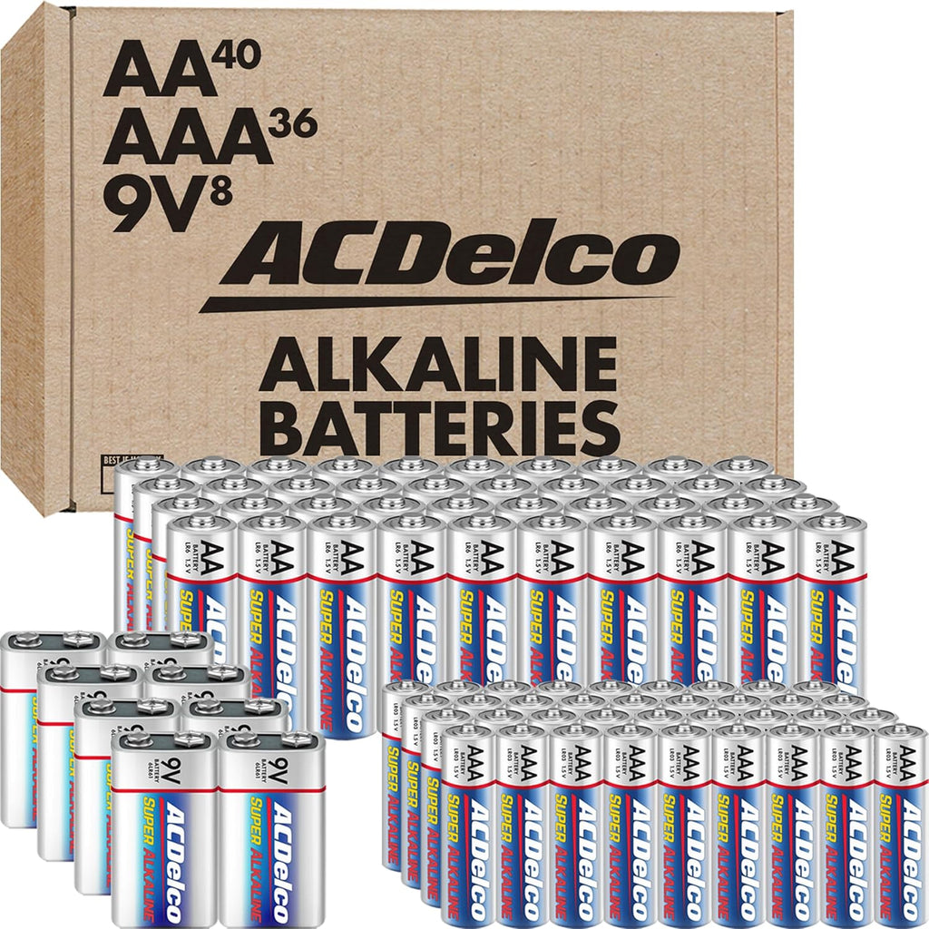 ACDelco 84-Count Alkaline Batteries, 40 Double AA, 36 Triple AAA, 8 Count of 9 Volt, Battery Combo Pack for Home and