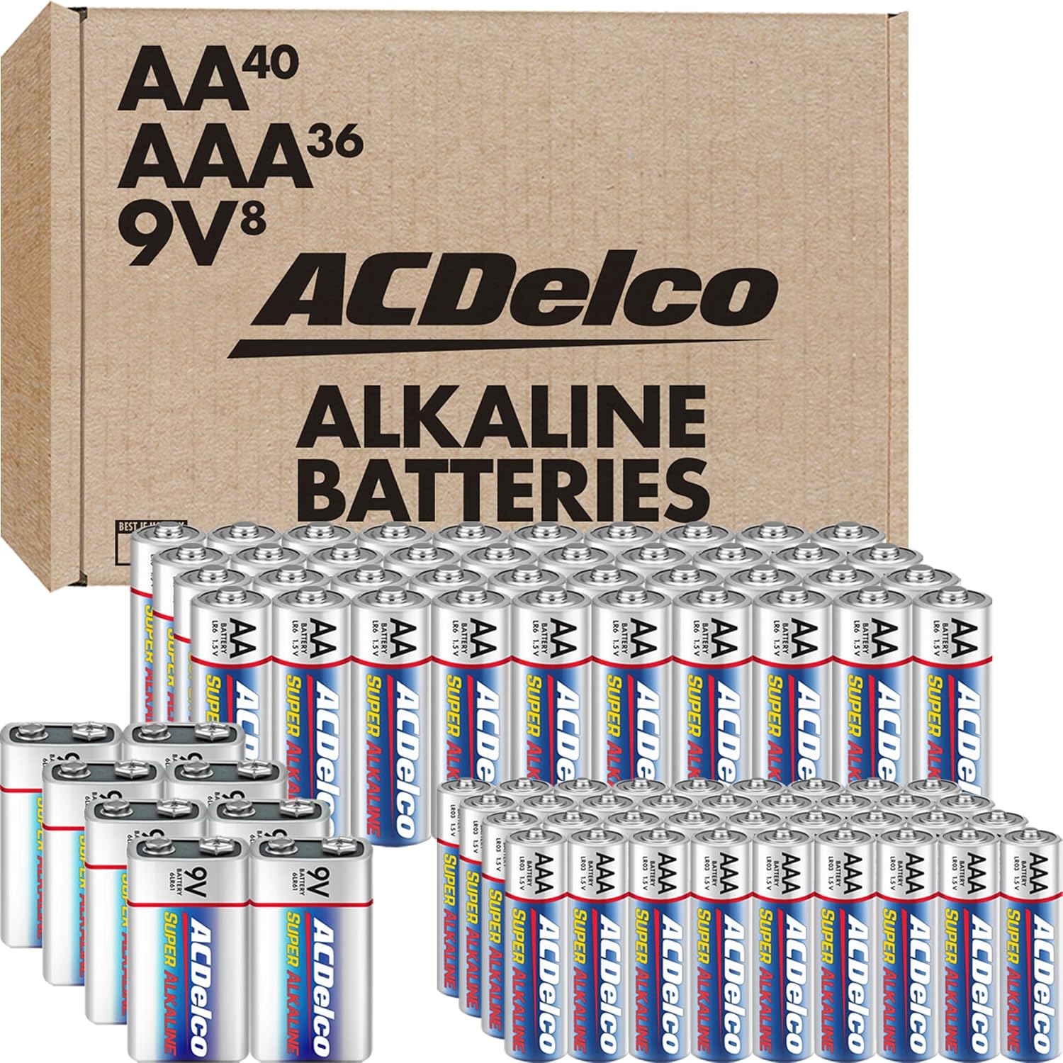 ACDelco 84-Count Alkaline Batteries, 40 Double AA, 36 Triple AAA, 8 Count of 9 Volt, Battery Combo Pack for Home and