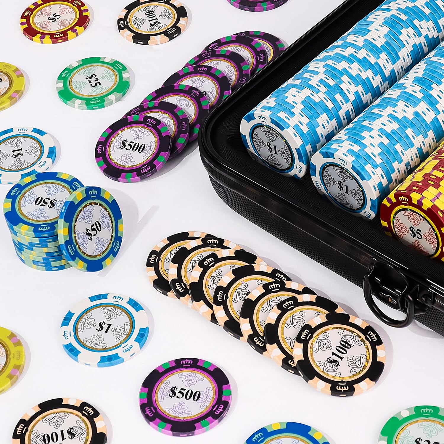 Poker Chip Set - Casino Grade 13.5g Poker Chips, 7 Color Chip Denomination - 2 Decks of Cards, Dice, Dealer Button