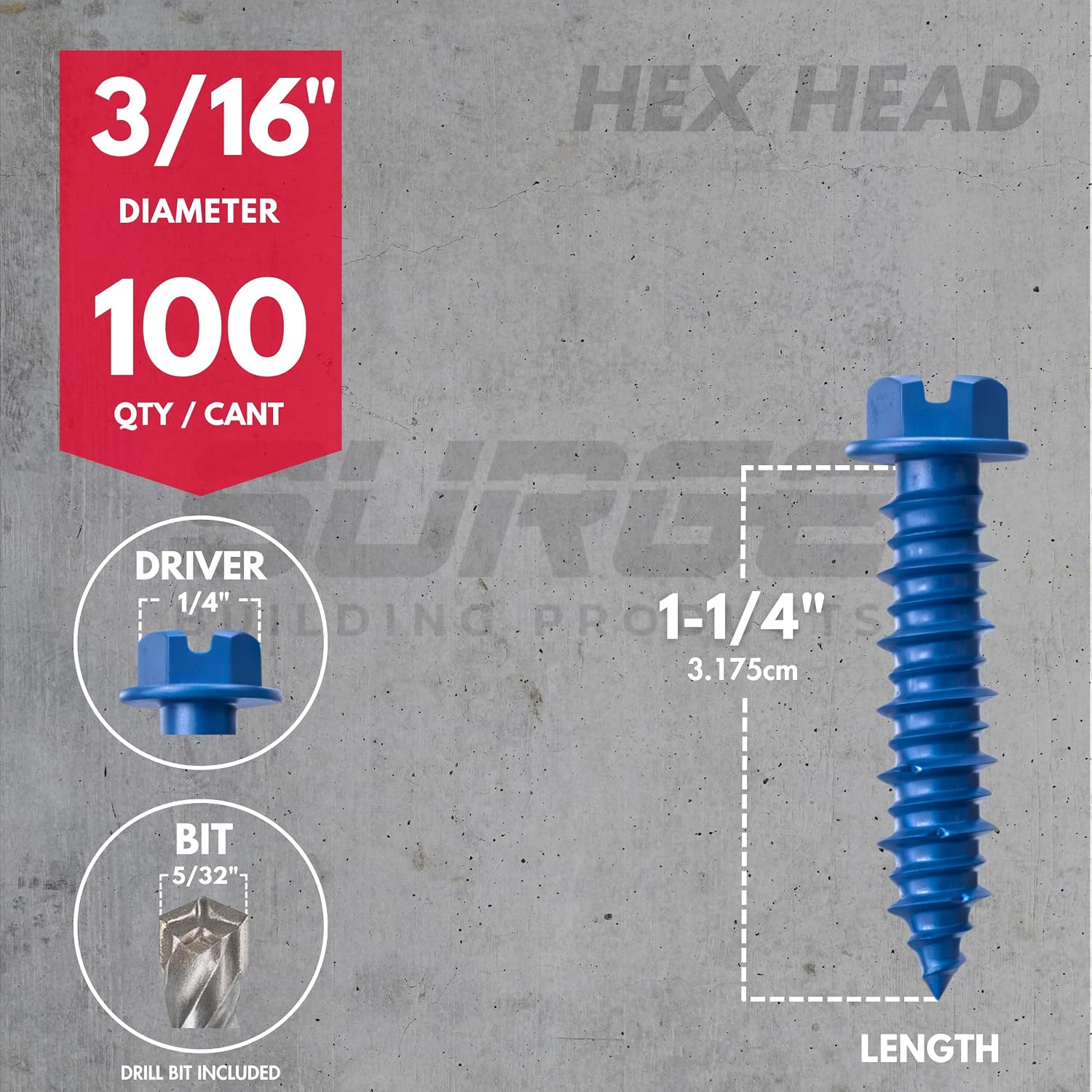 3/16" x 1-1/4" Hex Head Blue Concrete Screws with Drill Bit (Box of 100) | 3/16 Concrete Screws | Hex Masonry Screws