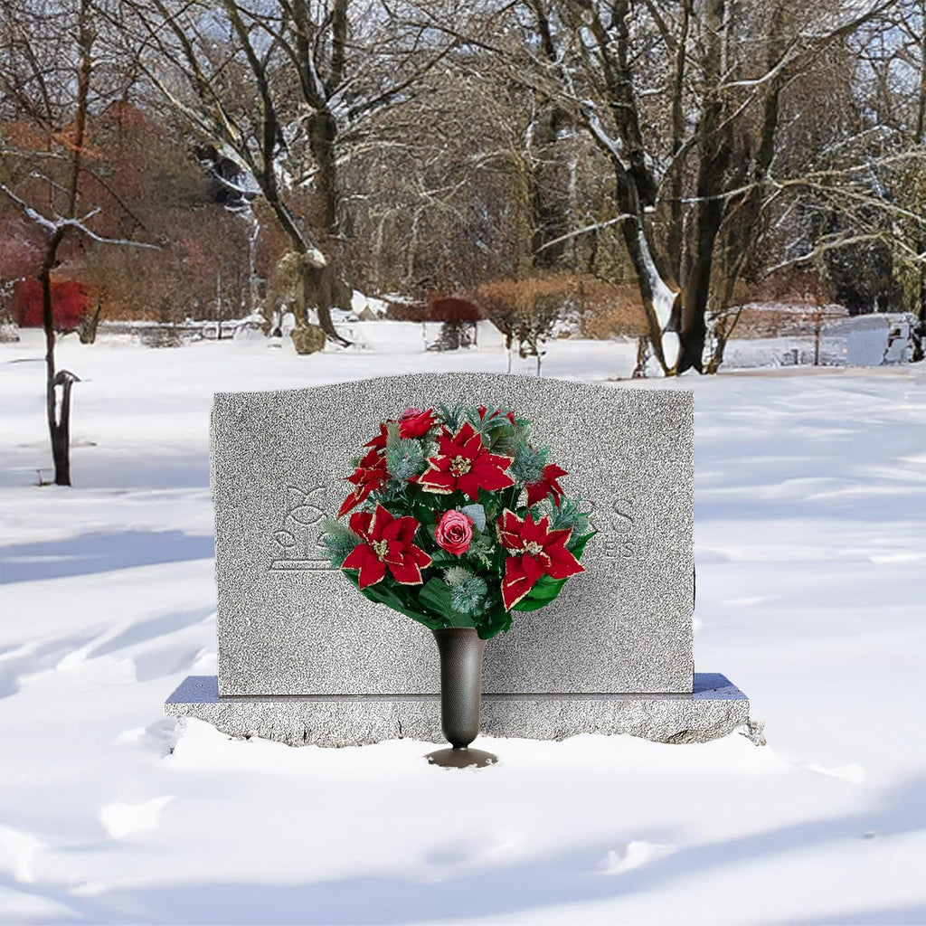 Artificial Cemetery Flowers - Red Poinsettias and Roses with Glitter and Frosted Pine Branches - (1) Bouquet (1) Vase