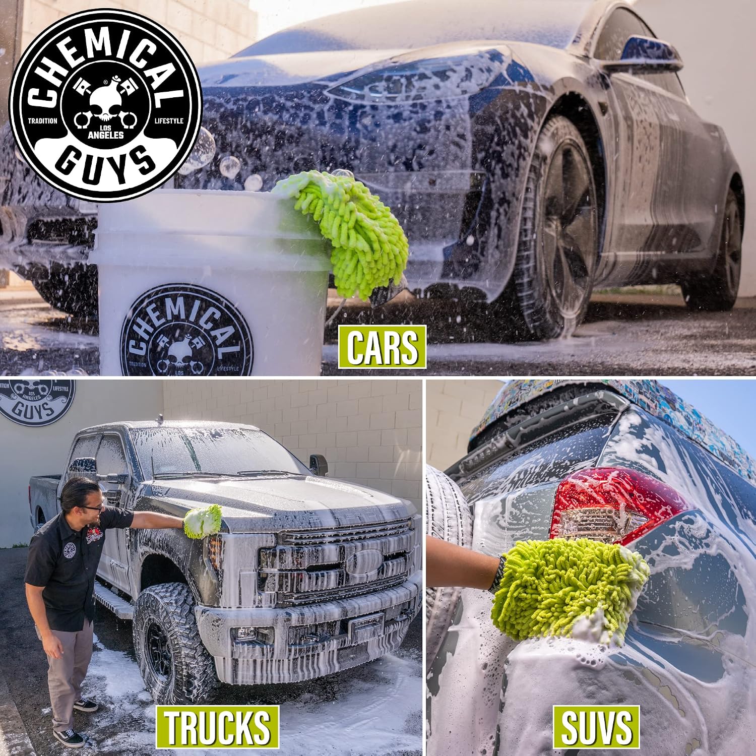 Chenille Microfiber Wash Mitt for Cars, Scratch-Free, 2 Pack | Ultra-soft lime green chenille holds thick suds and
