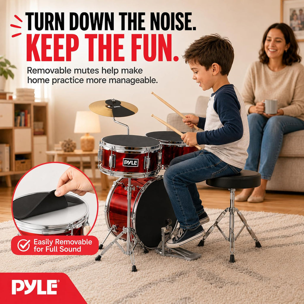 Kids Drum Set, 3 Piece Beginner Junior Drummer Kit with 13" Bass Drum, Snare, Tom, Cymbal, Adjustable Throne, Mutes