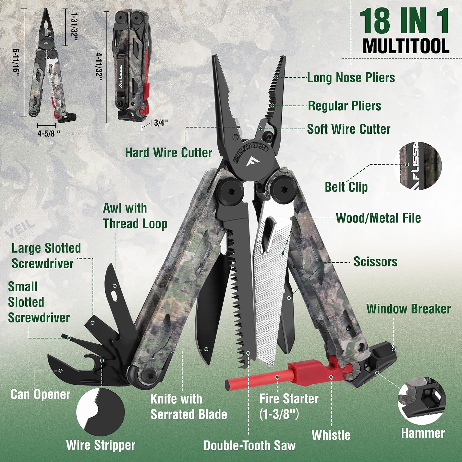 18-in-1 Camo EDC Multitool Pliers Fire Starter with Sheath | Equipped with Fire Starter, Window Breaker, Whistle