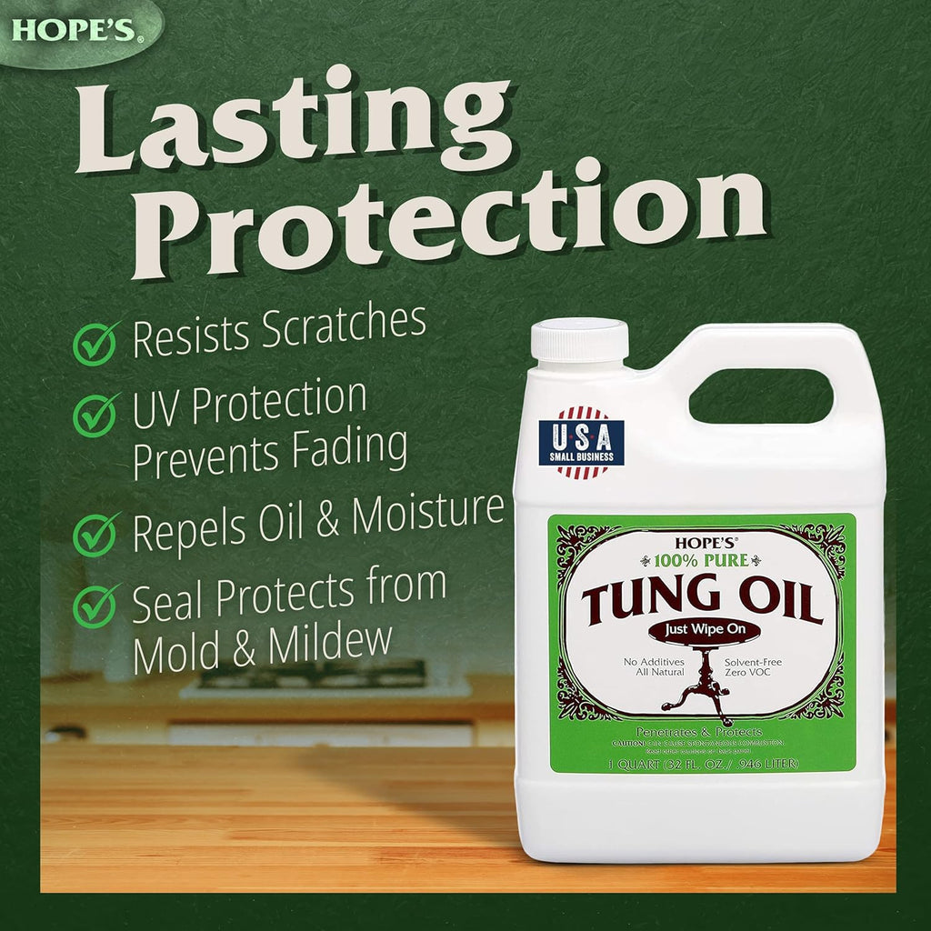 100% Pure Tung Oil, Food Safe, Premium Waterproof Natural Wood Finish and Sealer for Indoor and Outdoor Projects, 32