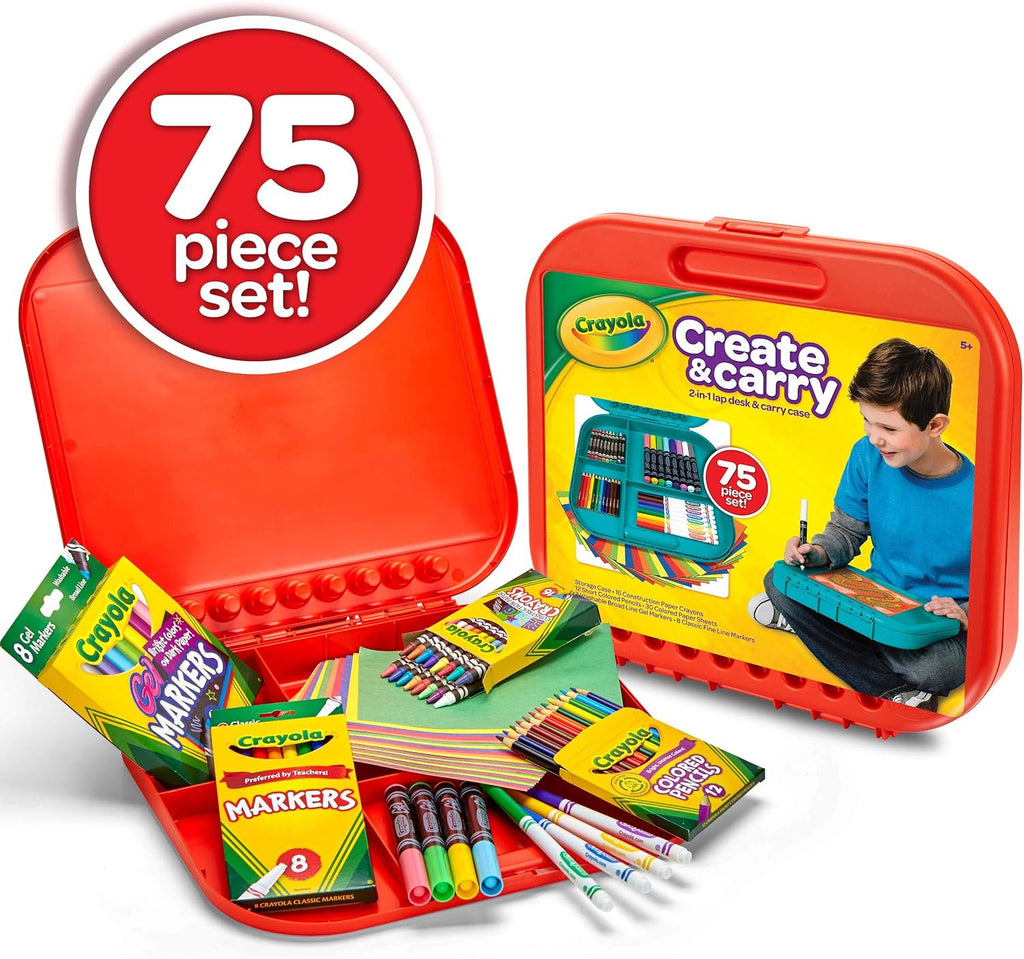 Create 'N Carry Travel Art Set for Kids (75pcs), 2-in-1 Lap Desk & Carrying Case, Essential Art Supplies Kit, Spring