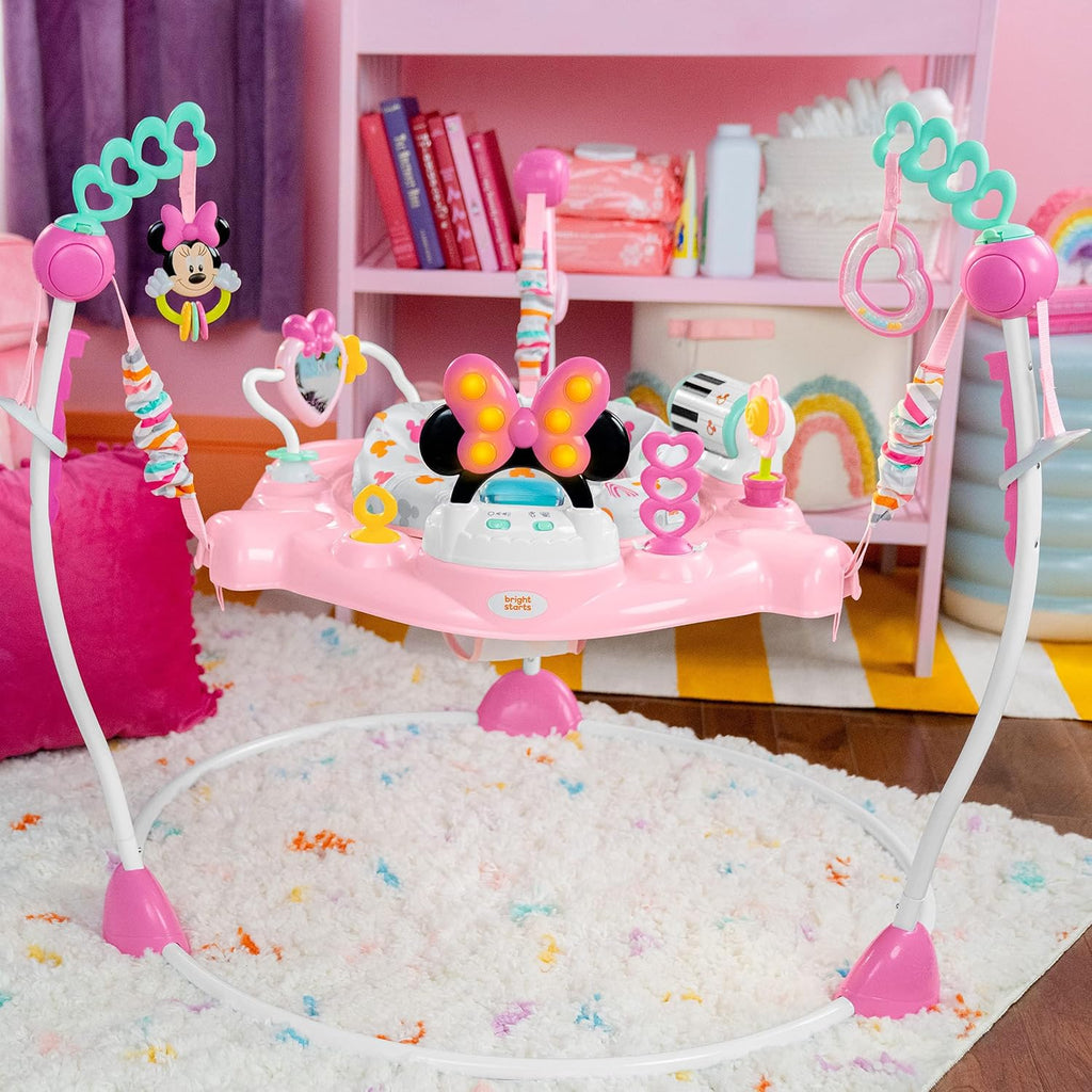 Disney Baby Minnie Mouse Forever Besties Baby Activity Center Jumper with 10 Toys, Lights & Sounds, 360-Degree Seat