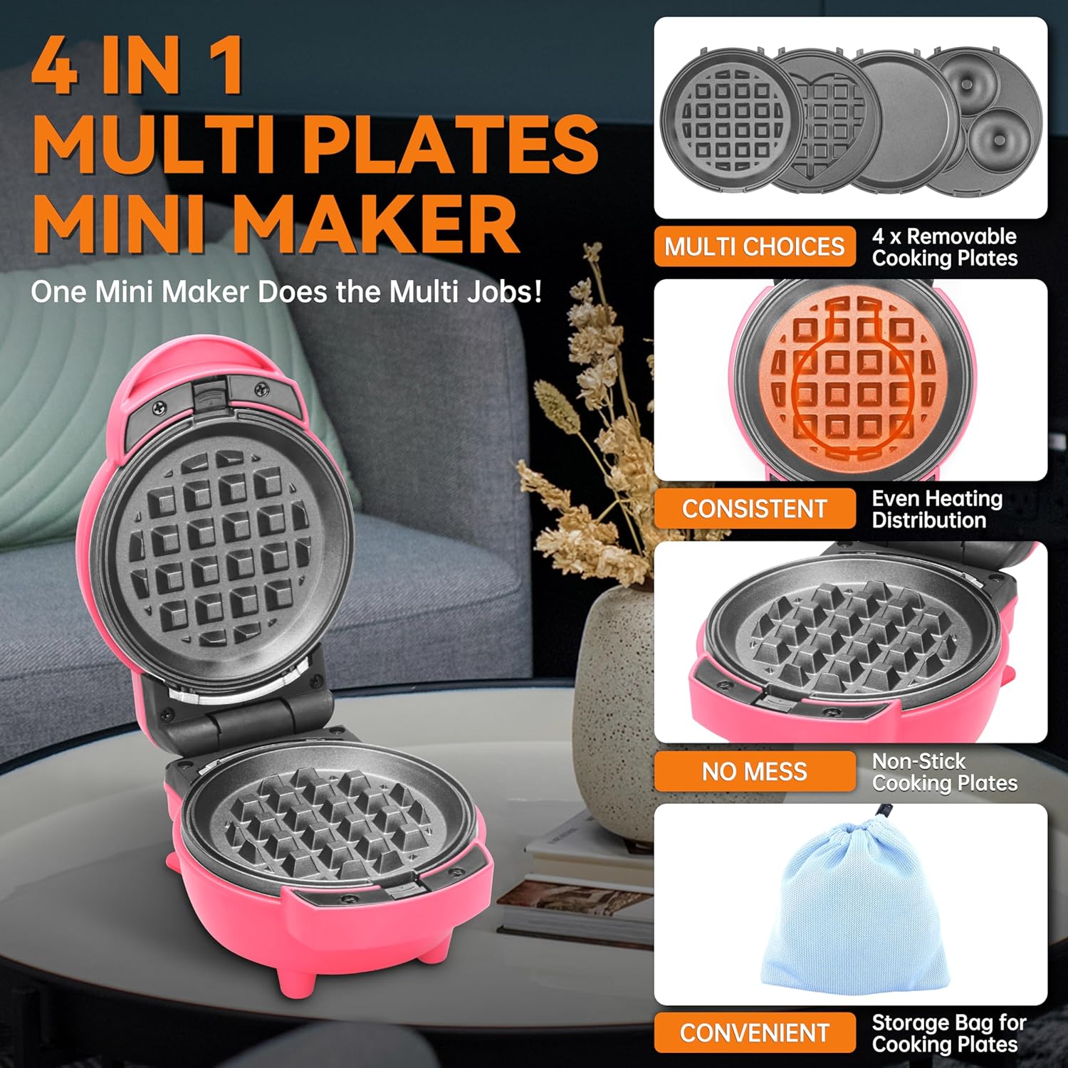 4 in 1 Mini Waffle Maker with Removable Plates, Set Includes Mini Pancake, Donut, Heart Shape Waffle Makers, Compact